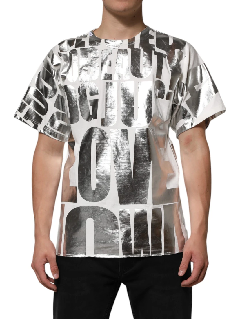 White Metallic Print Cotton CrewNeck T-shirt
