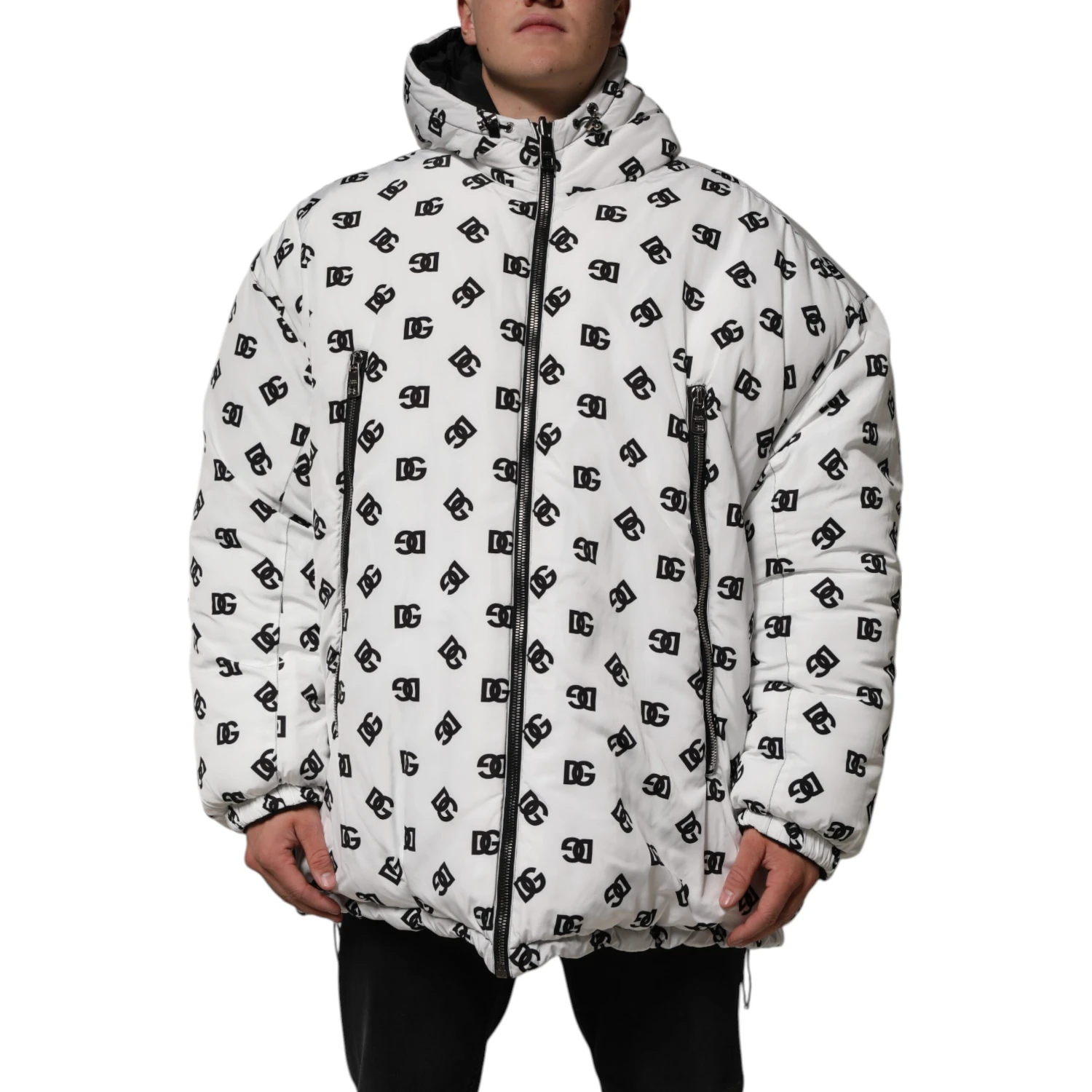 White DG Monogram Hooded Puffer Jacket