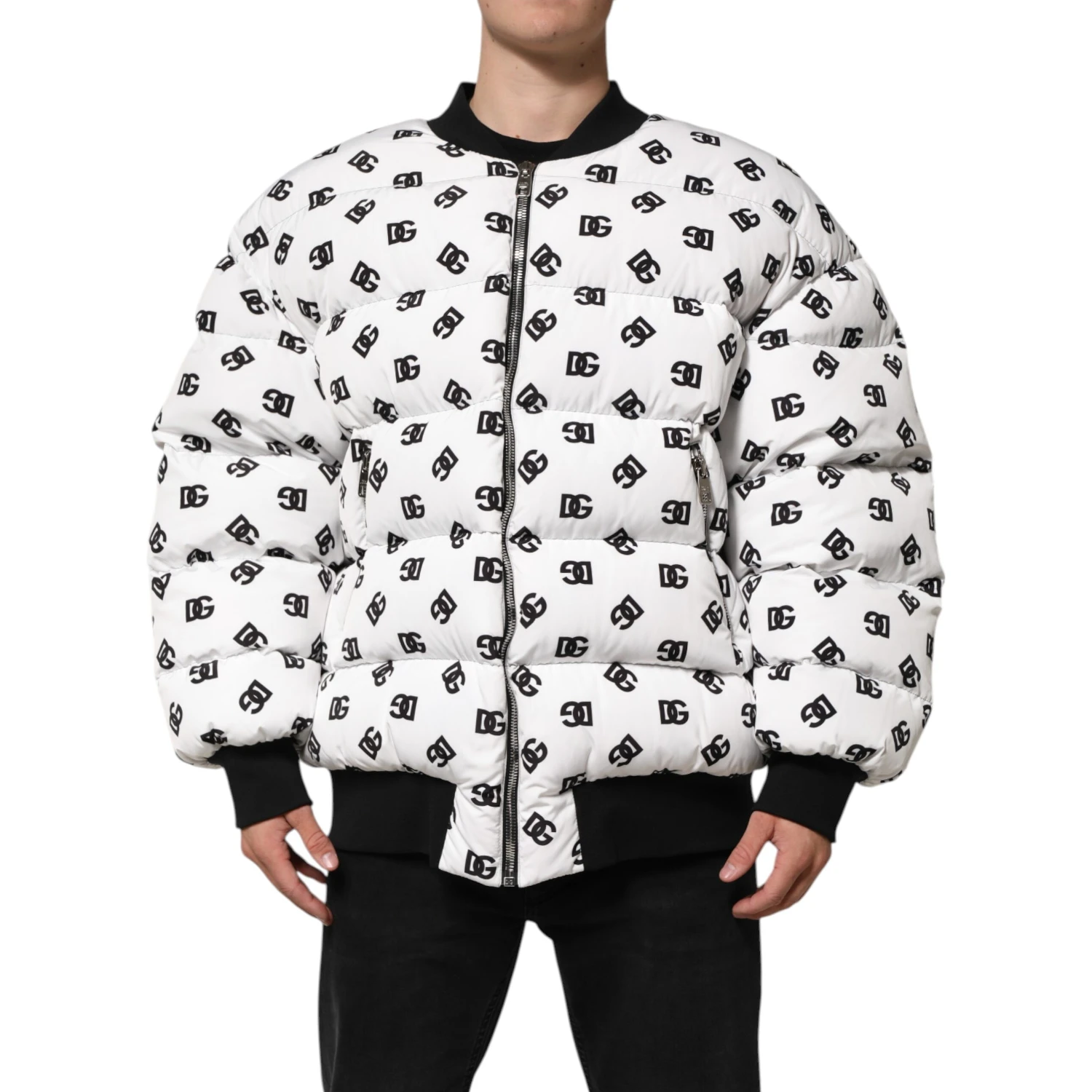 White DG Monogram Full Zip Quilted Jacket
