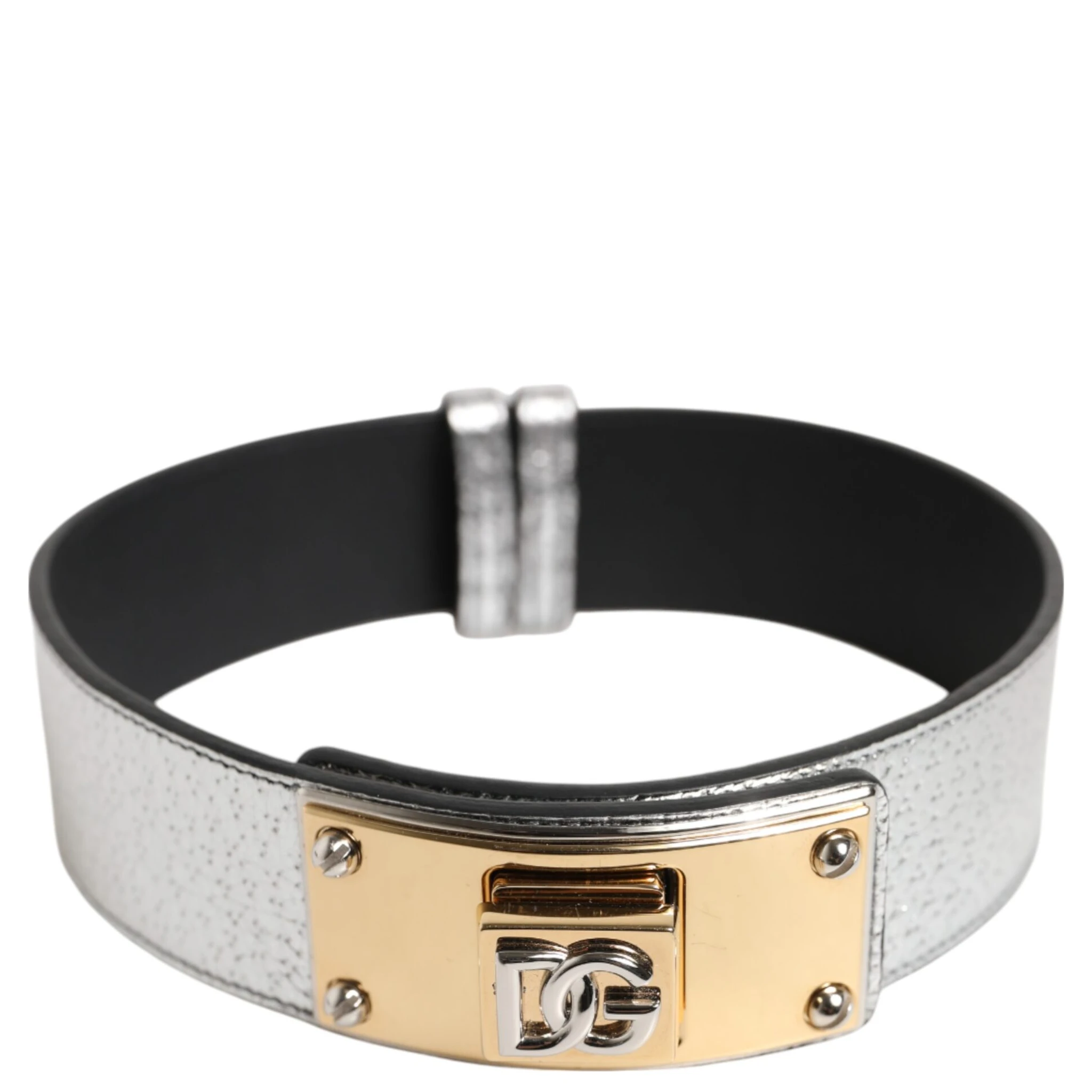 Silver Textured Leather Gold Tone Metal Neckband