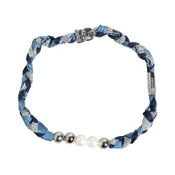 Blue White Braided Silver Metal Logo Beaded Men Bracelet