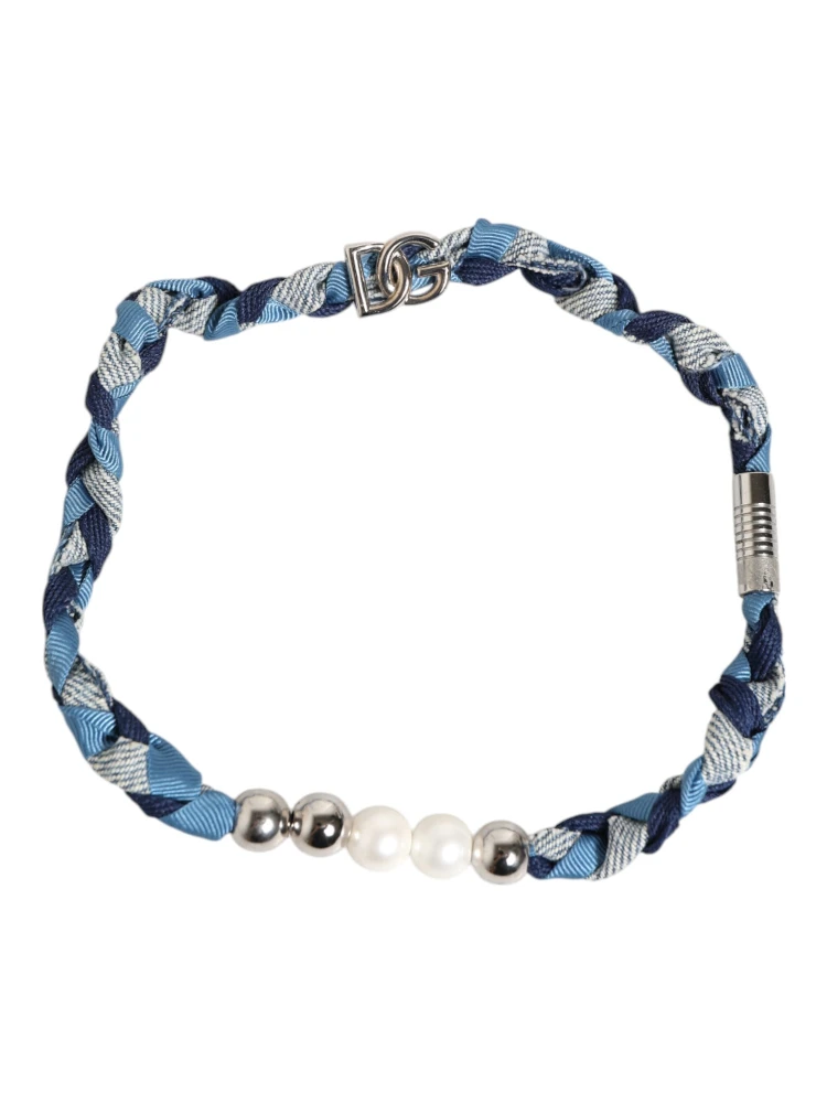 Blue White Braided Silver Metal Logo Beaded Men Bracelet