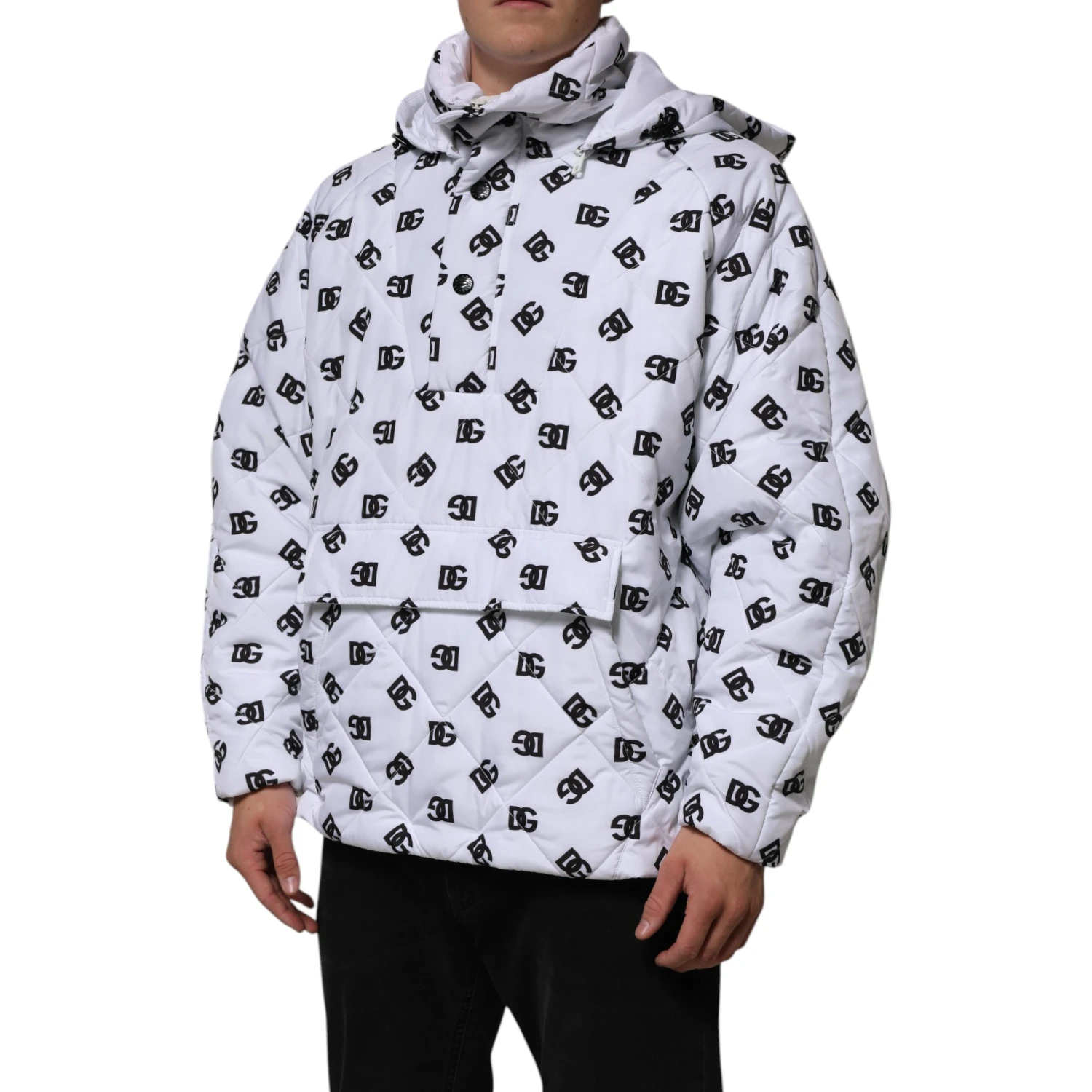 White DG Monogram Hooded Quilted Jacket