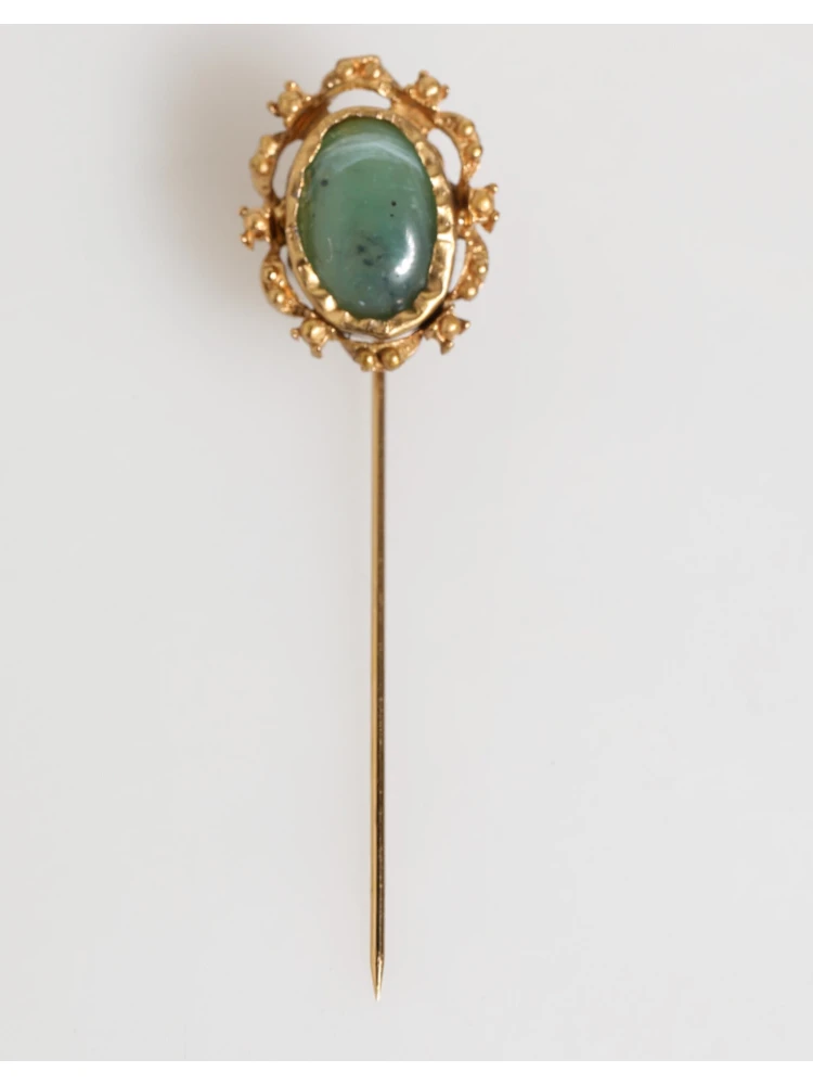 Gold Tone Green Stone Antique Men Accessory Brooch Pin