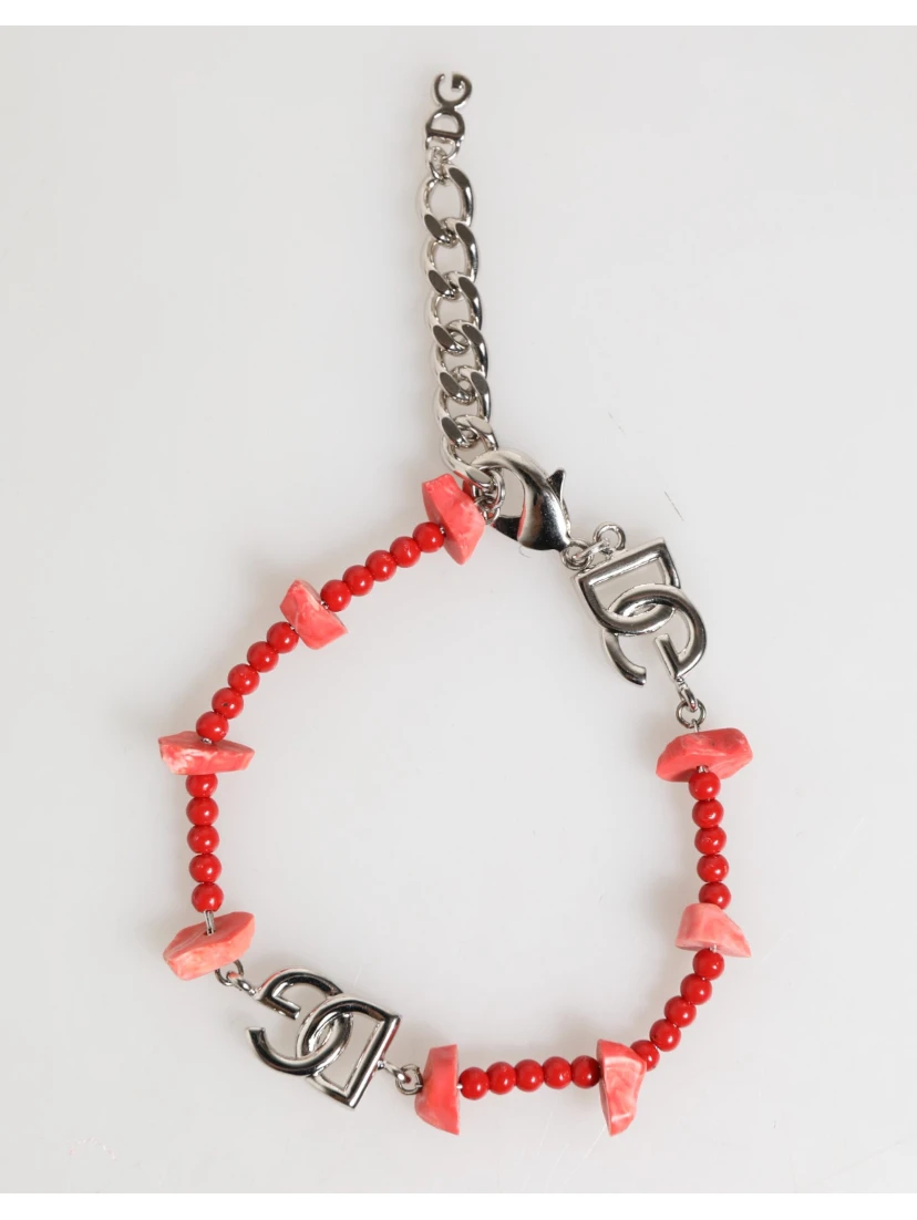 Silver Tone Brass Beaded Resin DG Logo Chain Men Bracelet