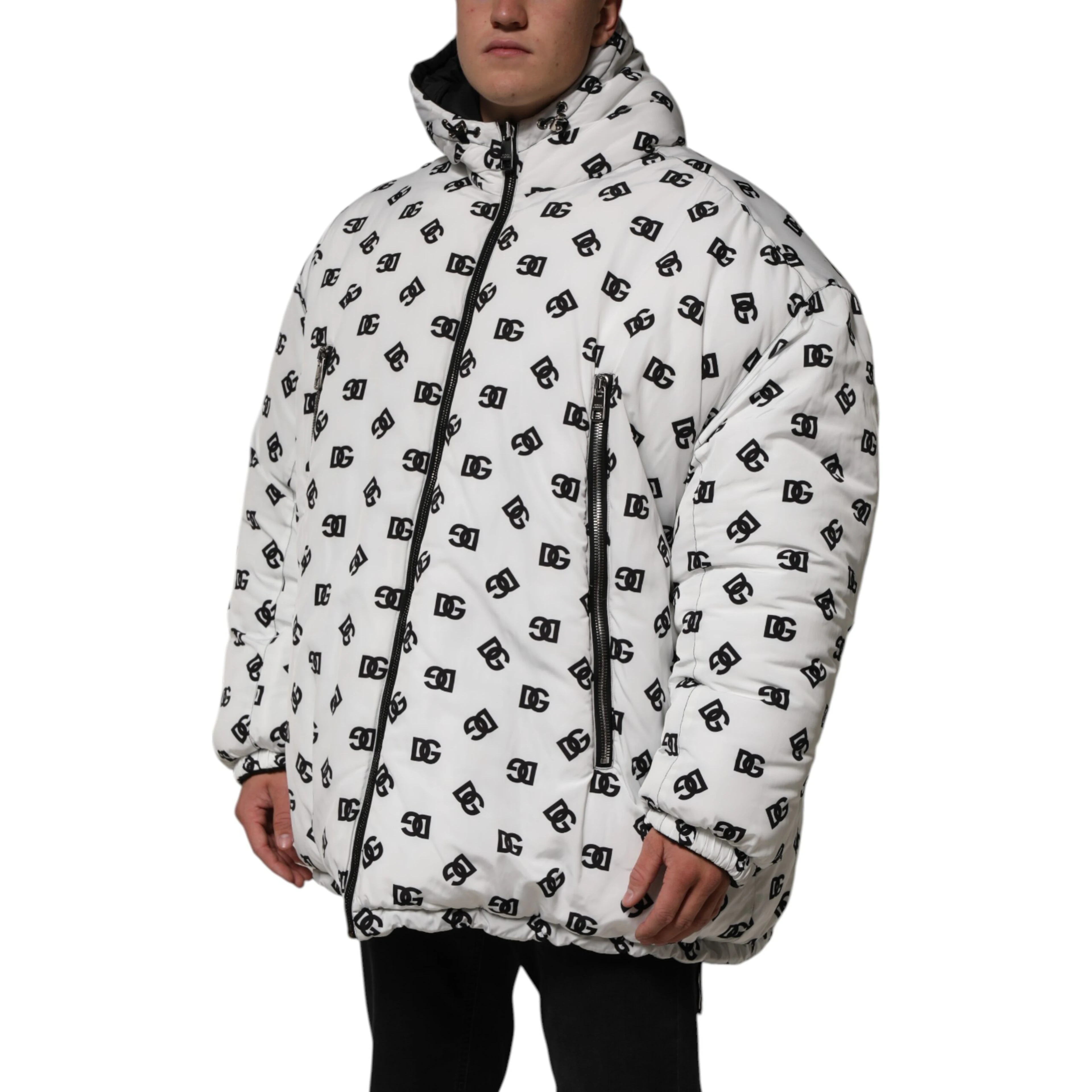 White DG Monogram Hooded Puffer Jacket