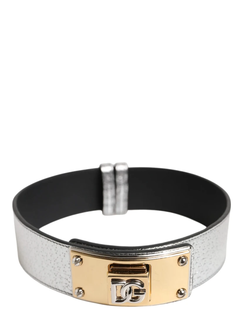 Silver Textured Leather Gold Tone Metal Neckband