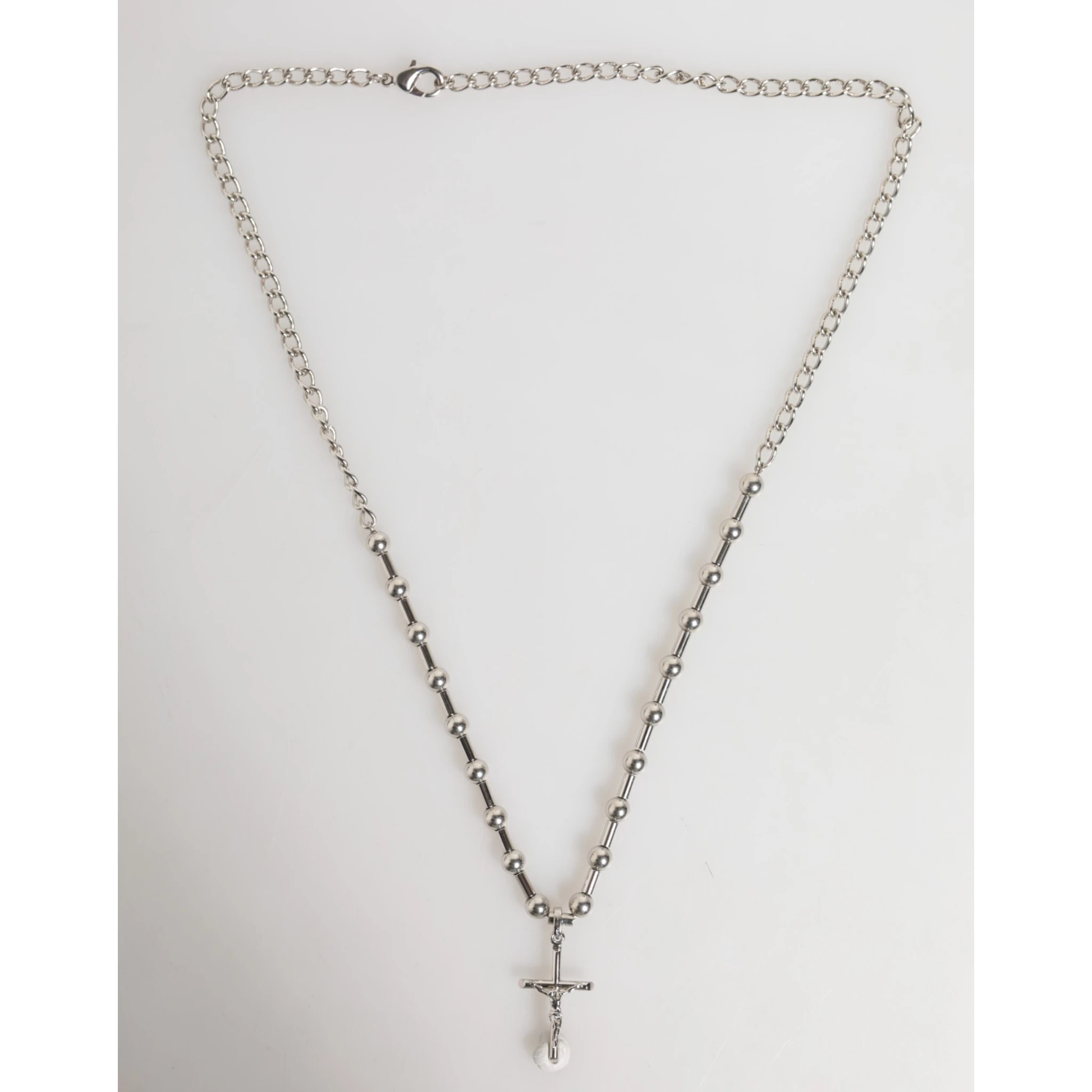 Silver Tone Brass Chain Religious Cross Pendant Necklace