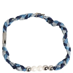 Blue White Braided Silver Metal Logo Beaded Men Bracelet