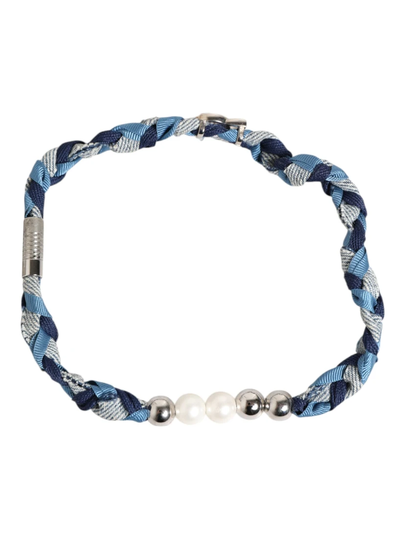 Blue White Braided Silver Metal Logo Beaded Men Bracelet
