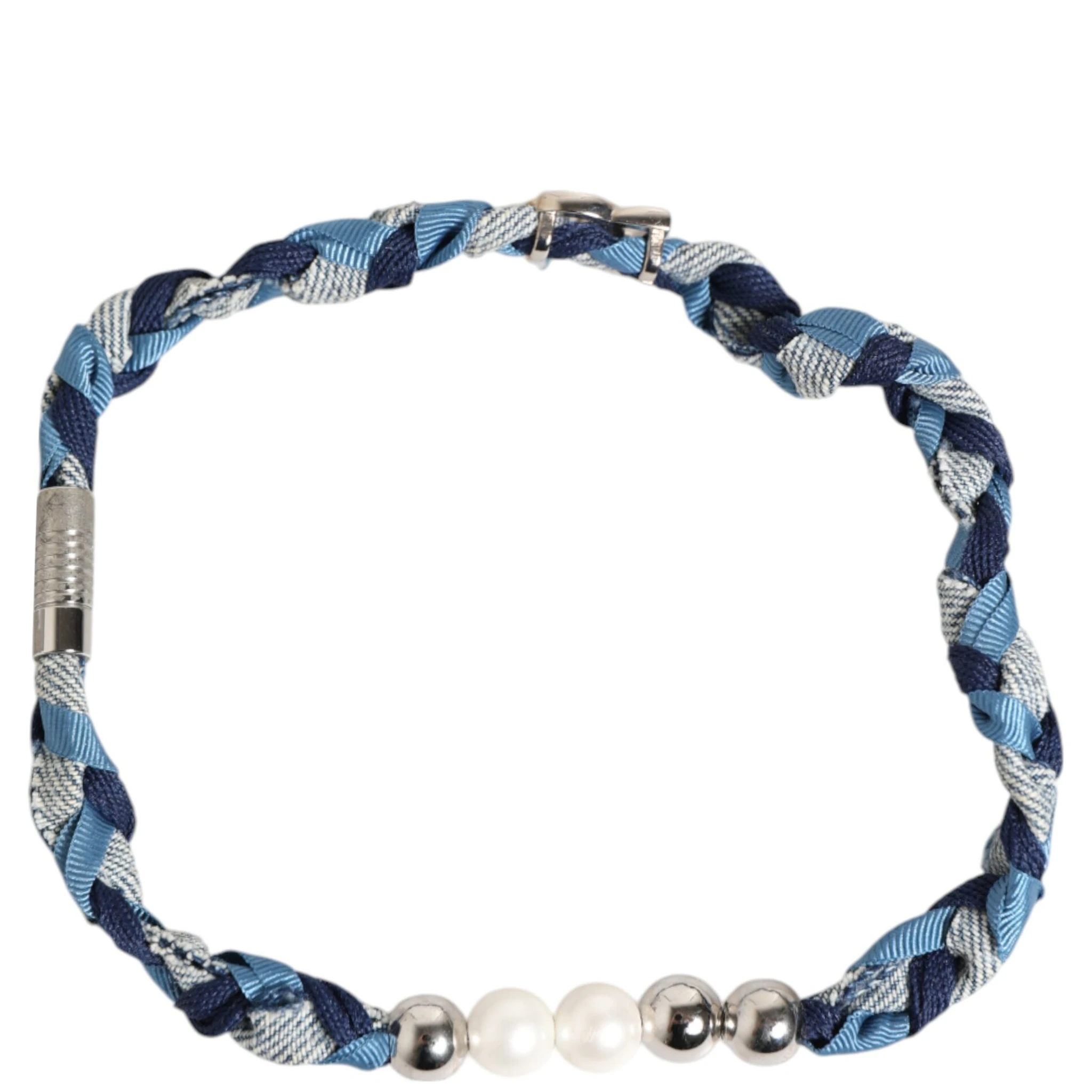 Blue White Braided Silver Metal Logo Beaded Men Bracelet