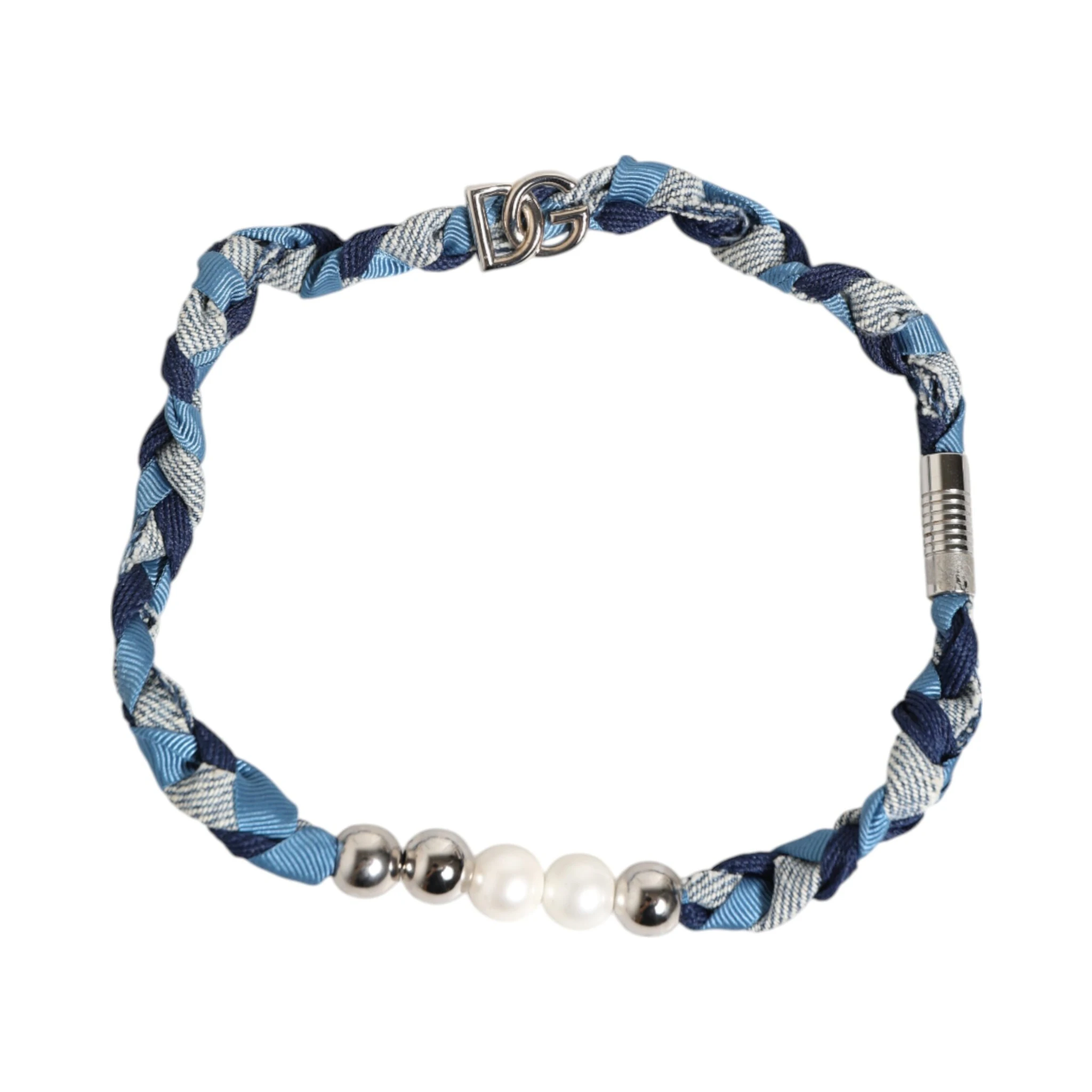 Blue White Braided Silver Metal Logo Beaded Men Bracelet