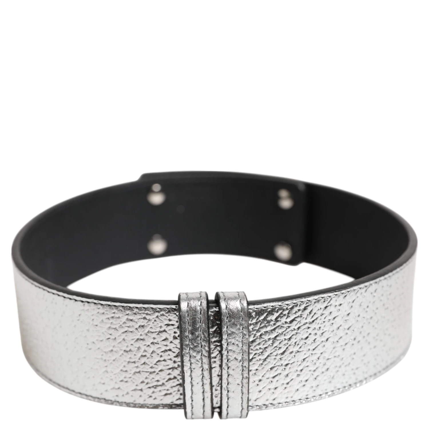 Silver Textured Leather Gold Tone Metal Neckband