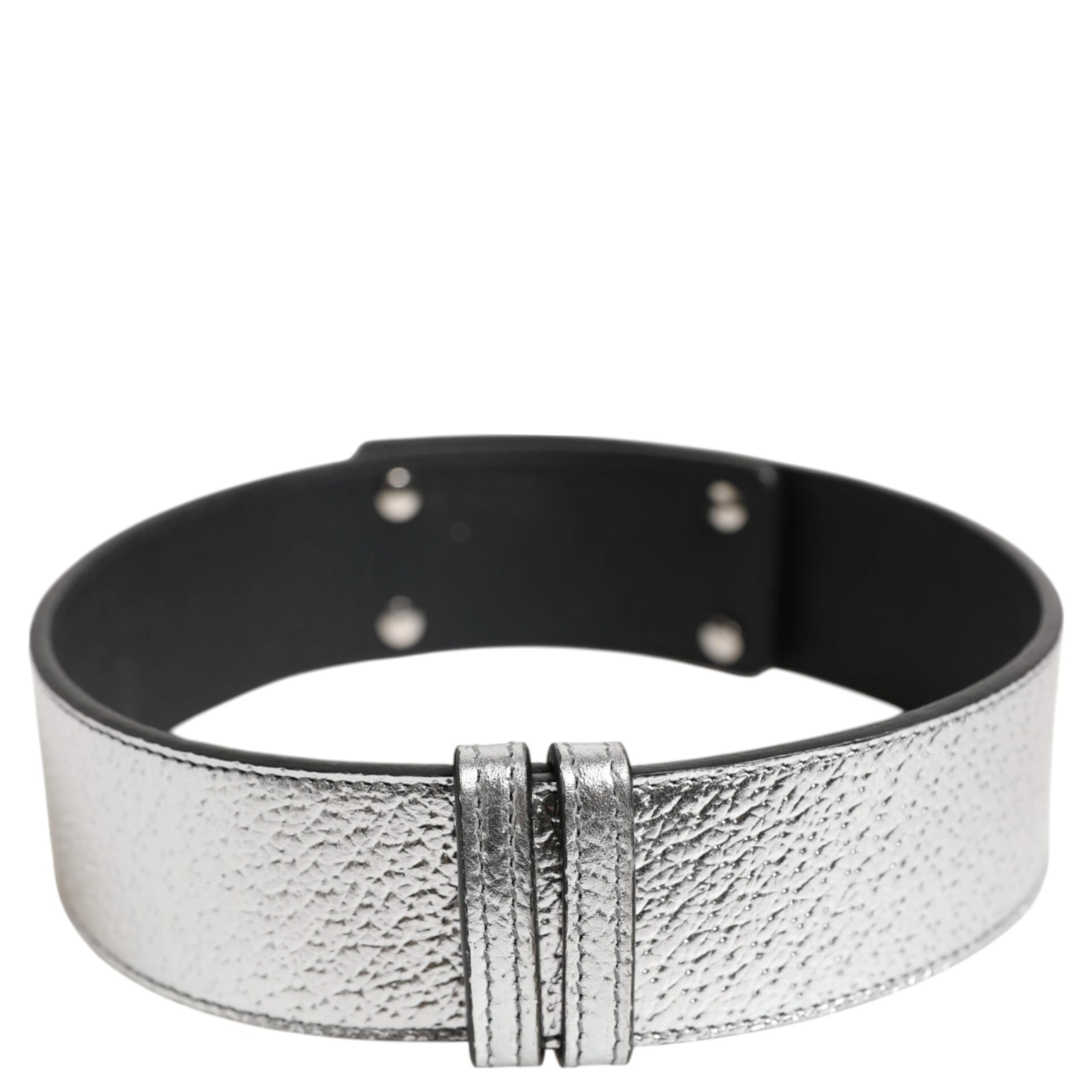 Silver Textured Leather Gold Tone Metal Neckband