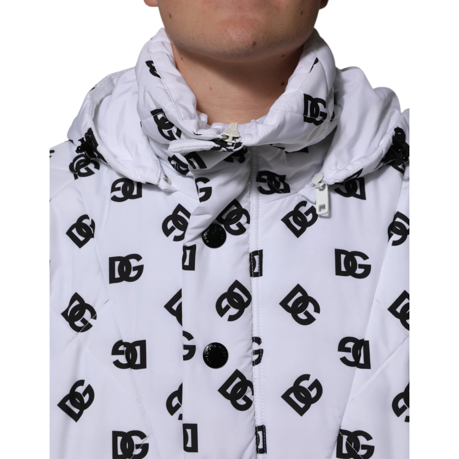 White DG Monogram Hooded Quilted Jacket