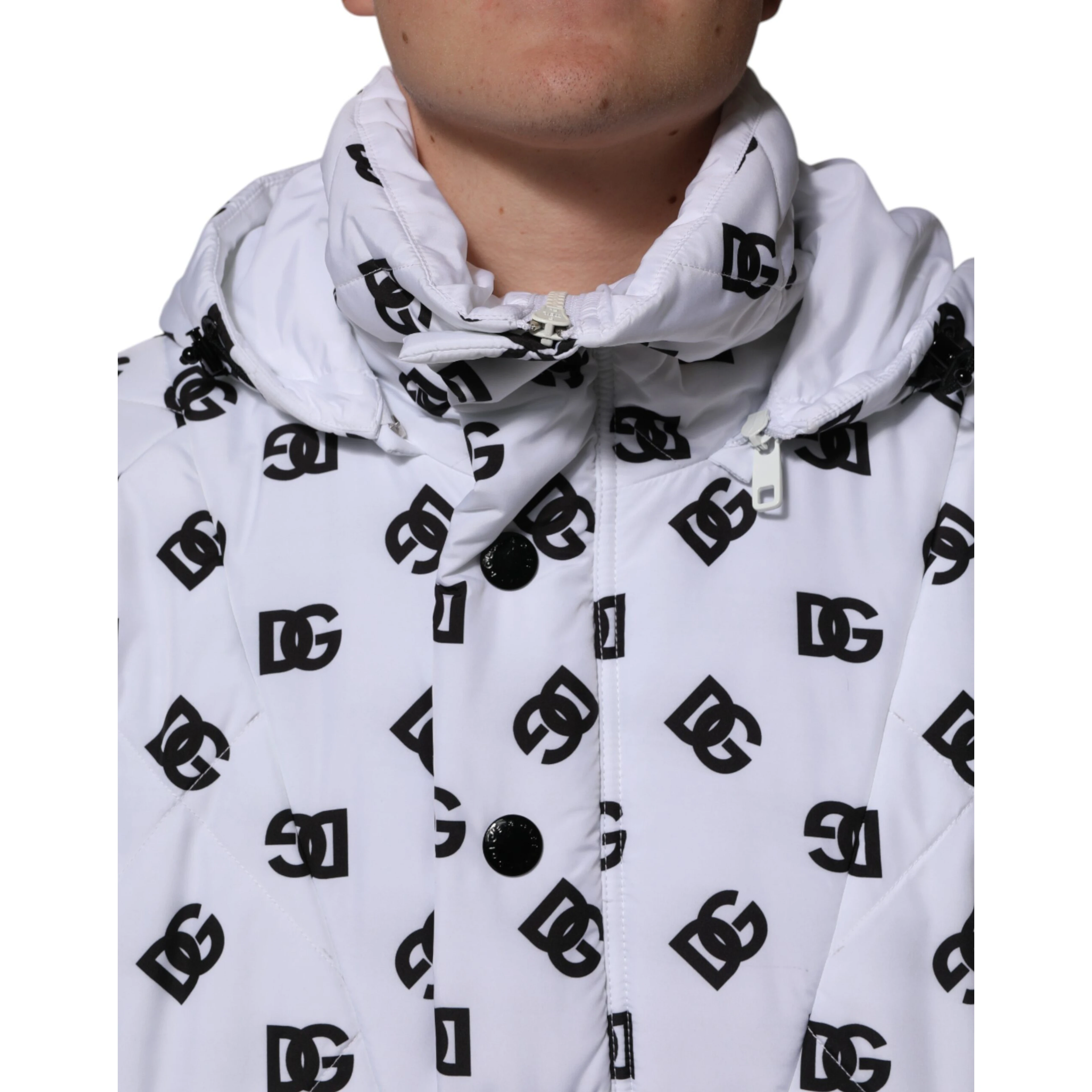 White DG Monogram Hooded Quilted Jacket