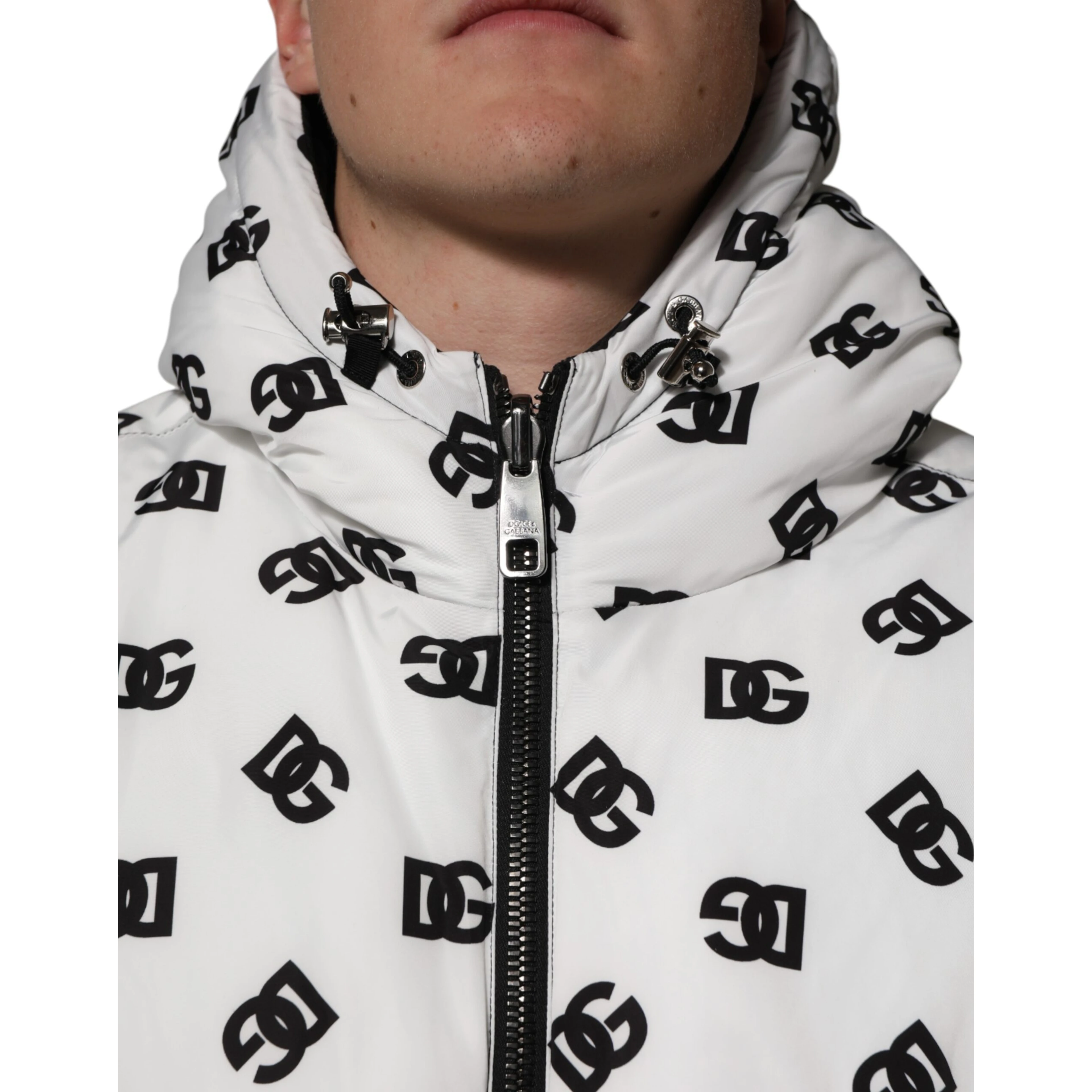 White DG Monogram Hooded Puffer Jacket