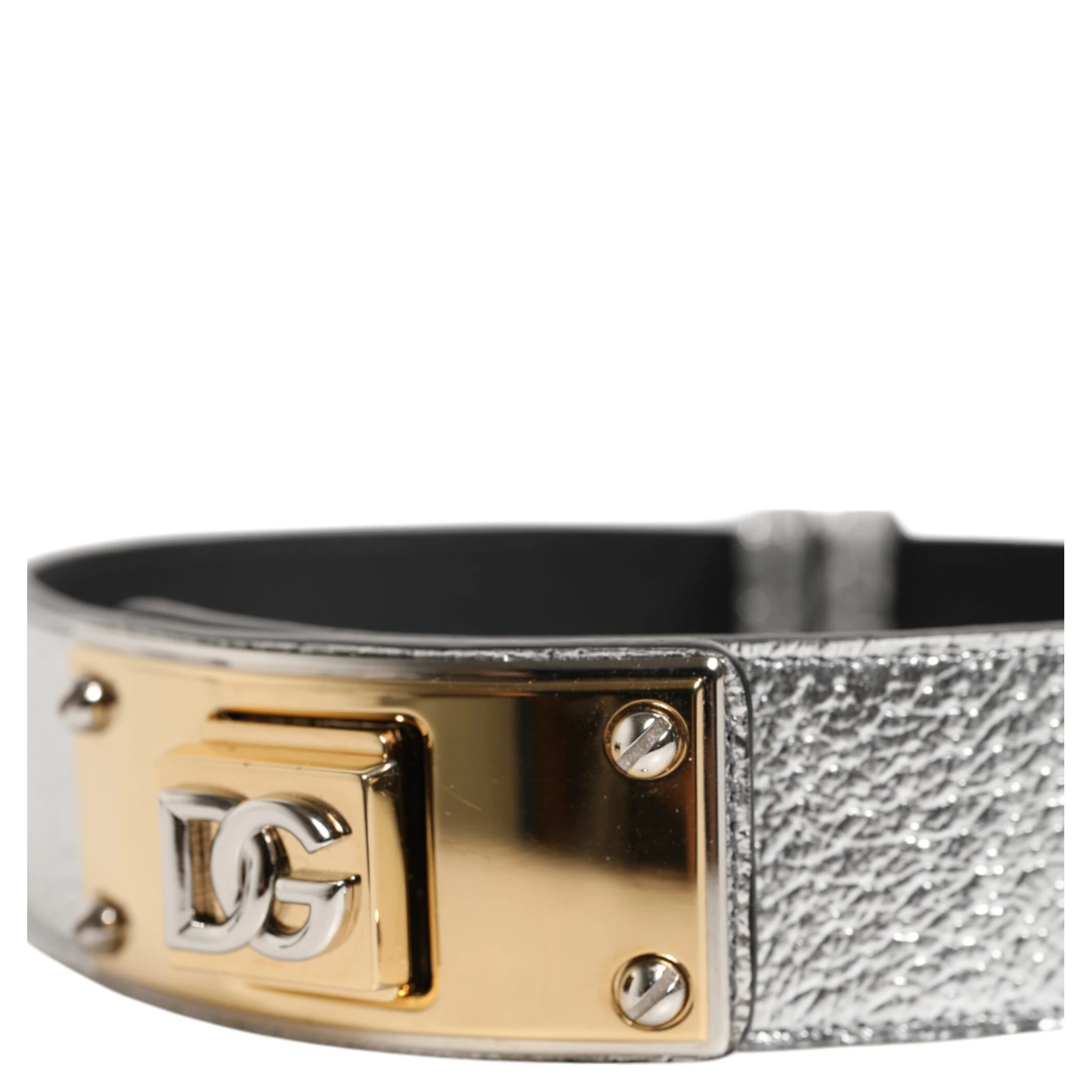 Silver Textured Leather Gold Tone Metal Neckband