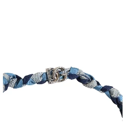 Blue White Braided Silver Metal Logo Beaded Men Bracelet