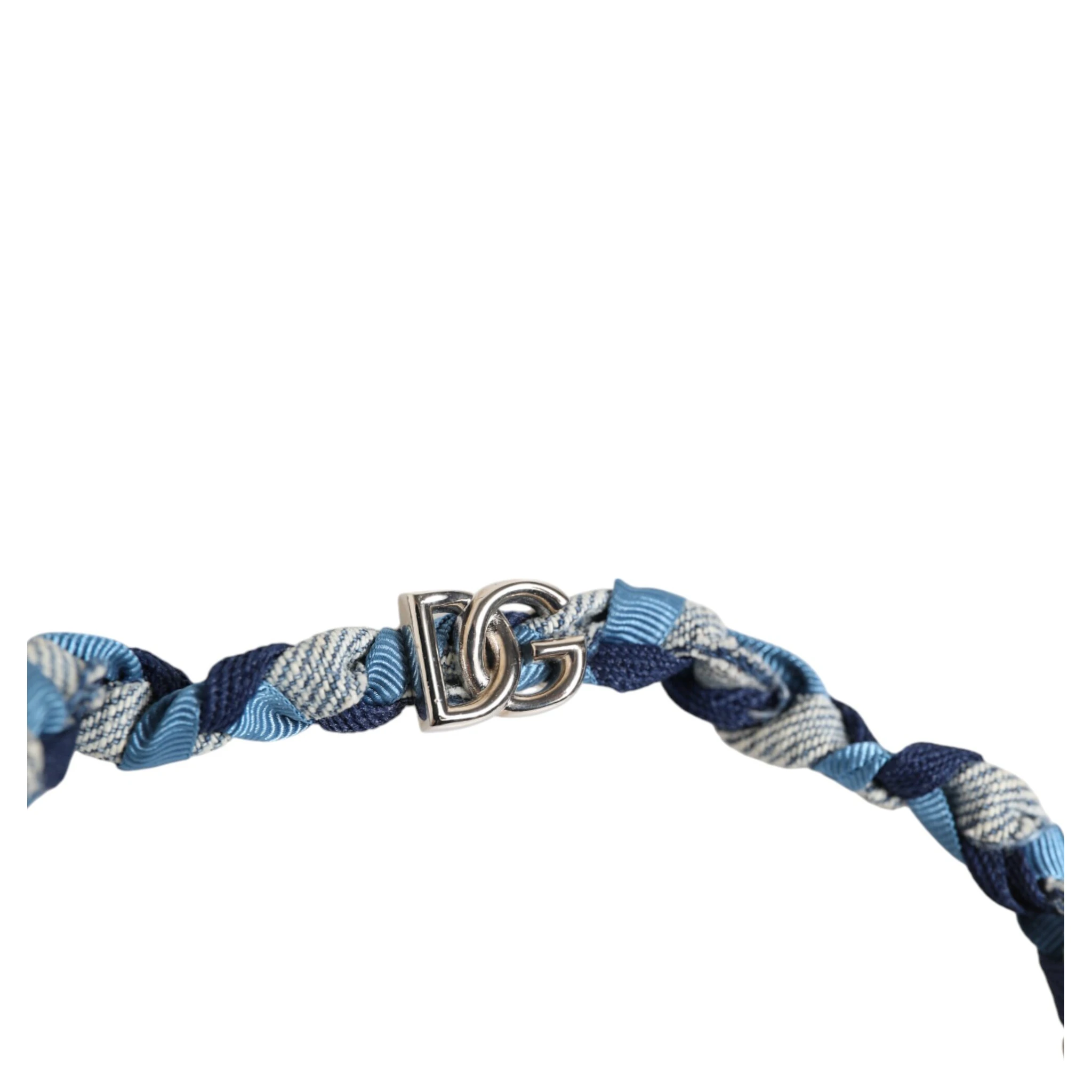 Blue White Braided Silver Metal Logo Beaded Men Bracelet