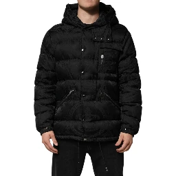 Black Jacquard Quilted Puffer Hooded Jacket