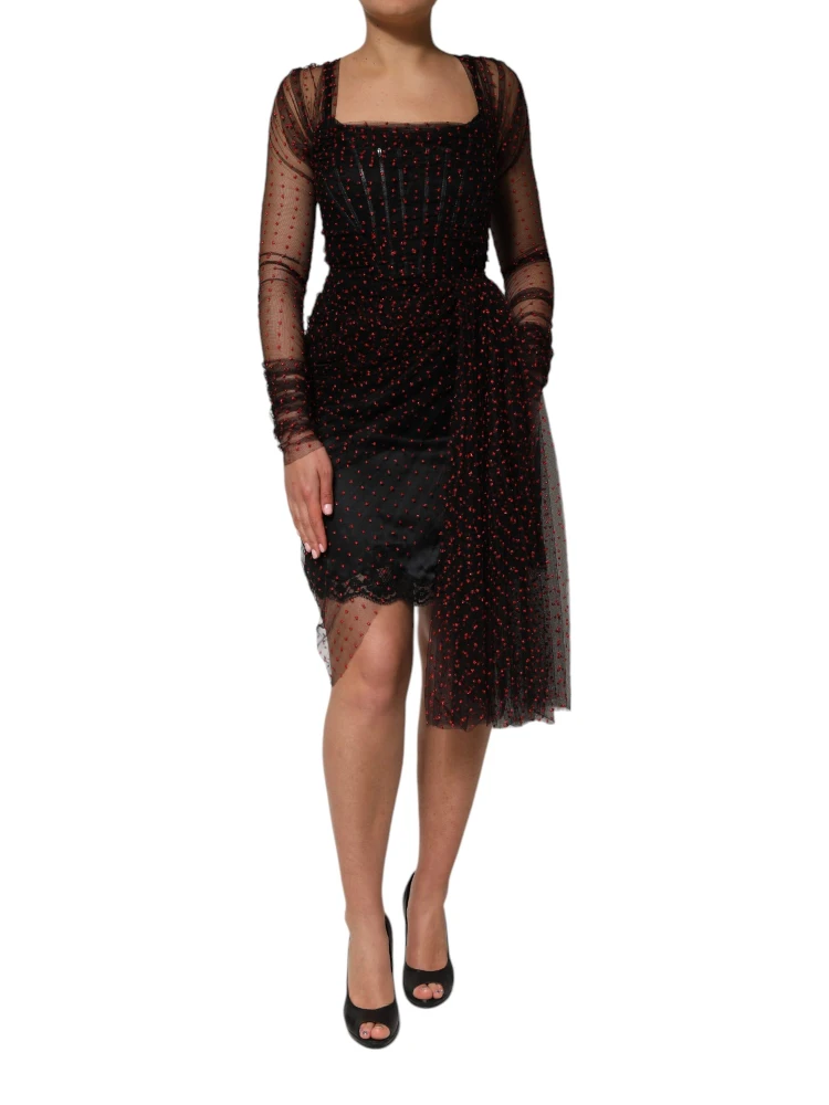 Black Lace Trim Long Sleeve Sheath Mini Dress