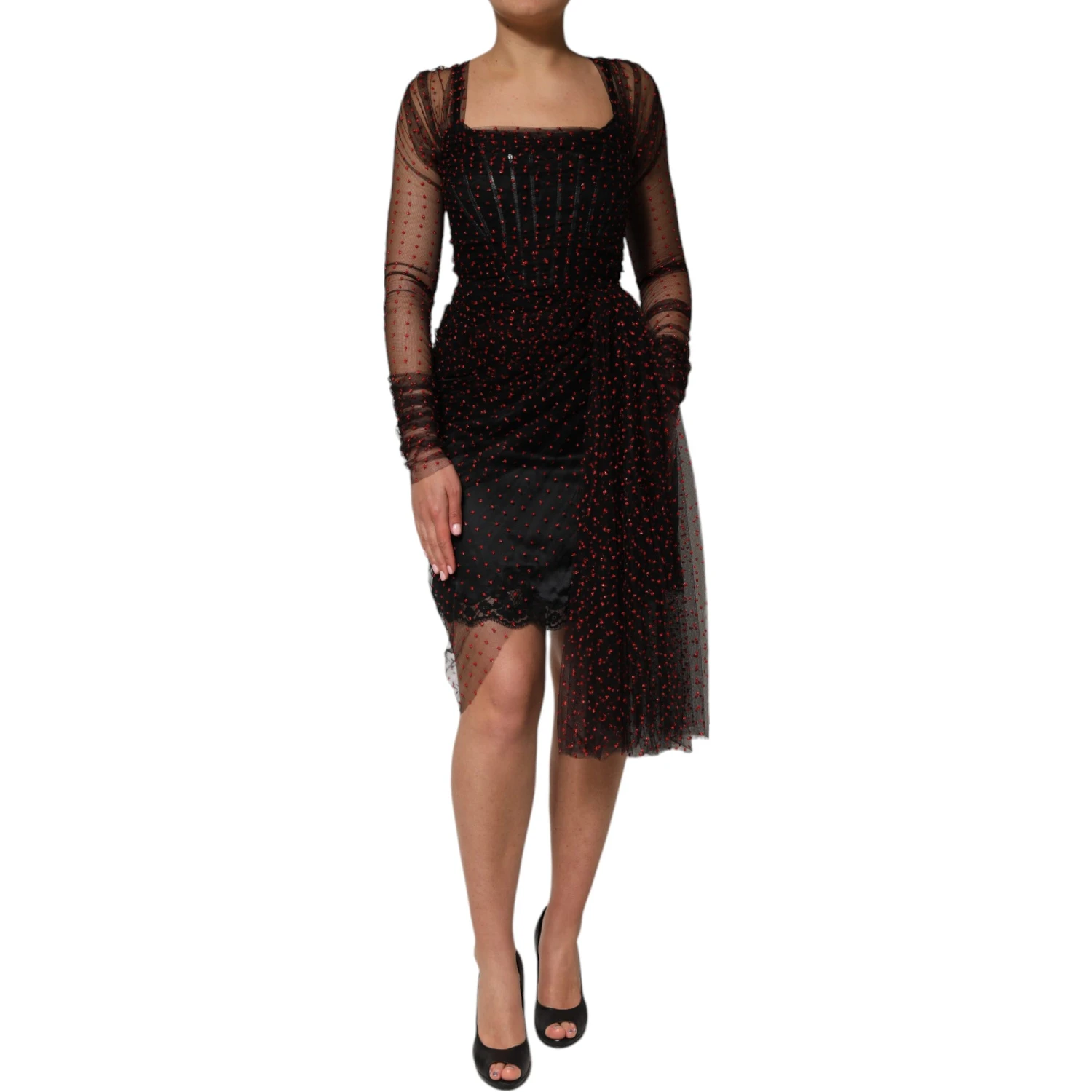 Black Lace Trim Long Sleeve Sheath Mini Dress