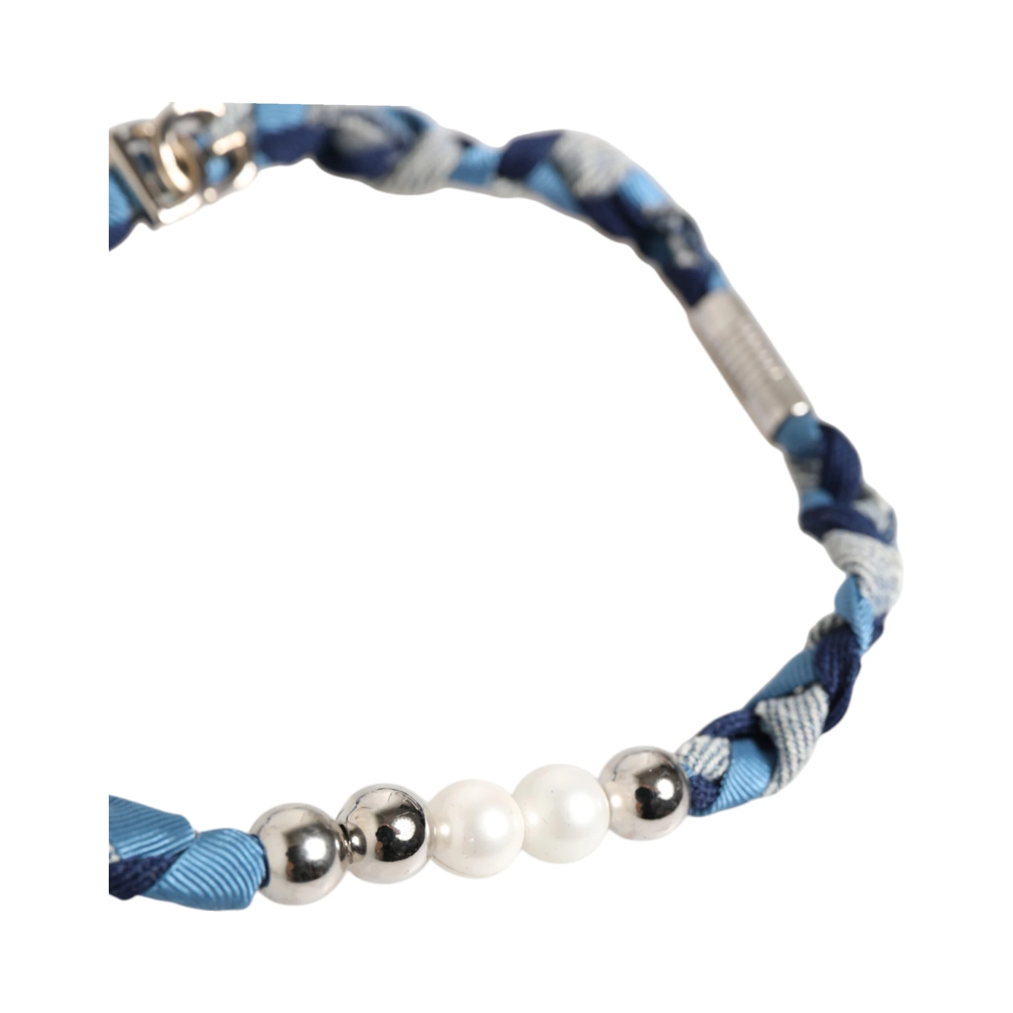 Blue White Braided Silver Metal Logo Beaded Men Bracelet