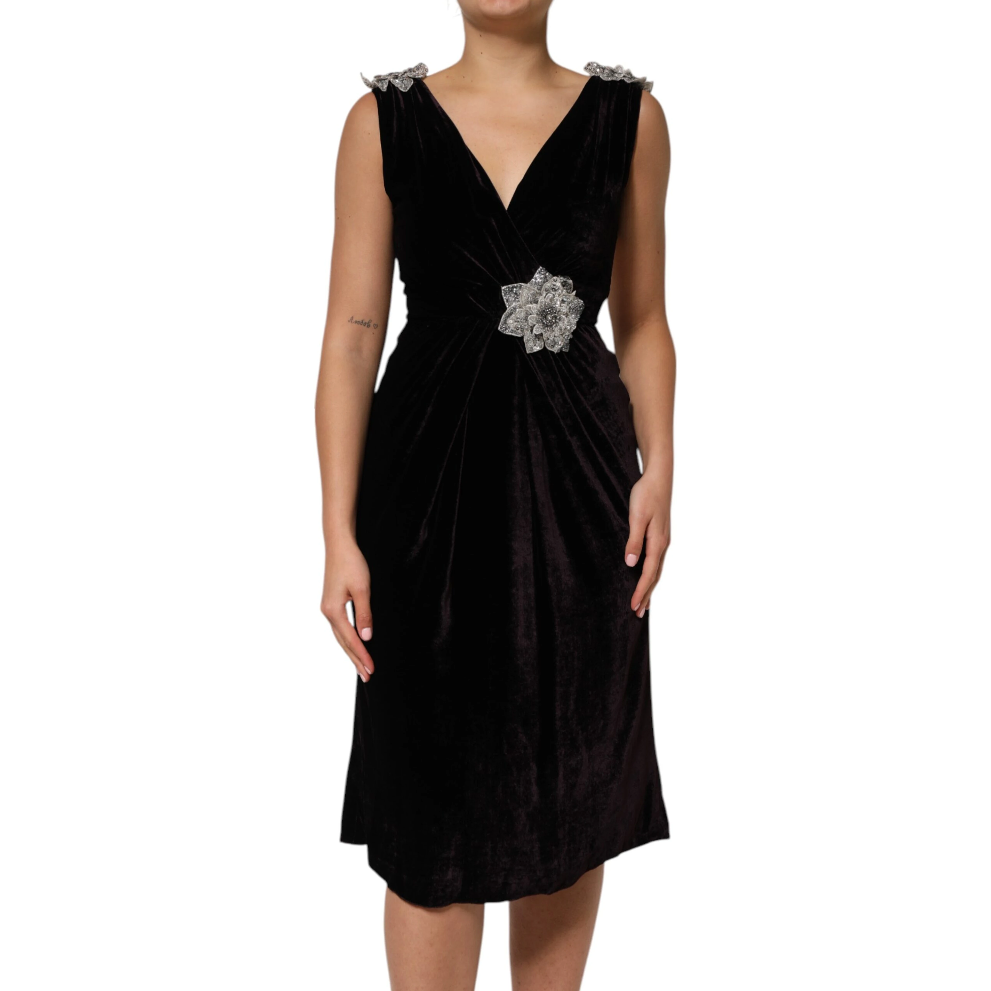 Black Velvet Flower Embellishment Aline Dress