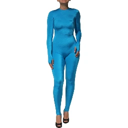 Blue Nylon Crew Neck Bodycon Jumpsuit Dress