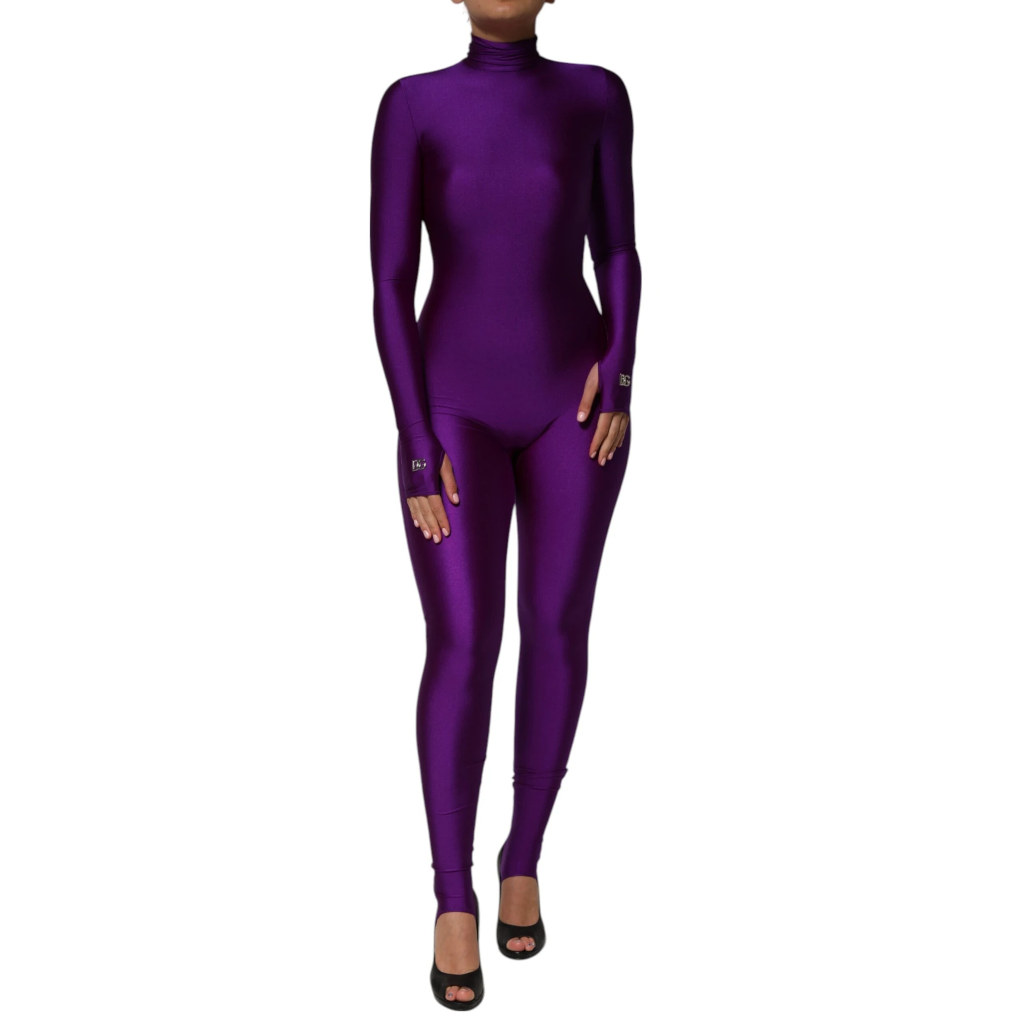 Purple Nylon Turtleneck Bodycon Jumpsuit Dress