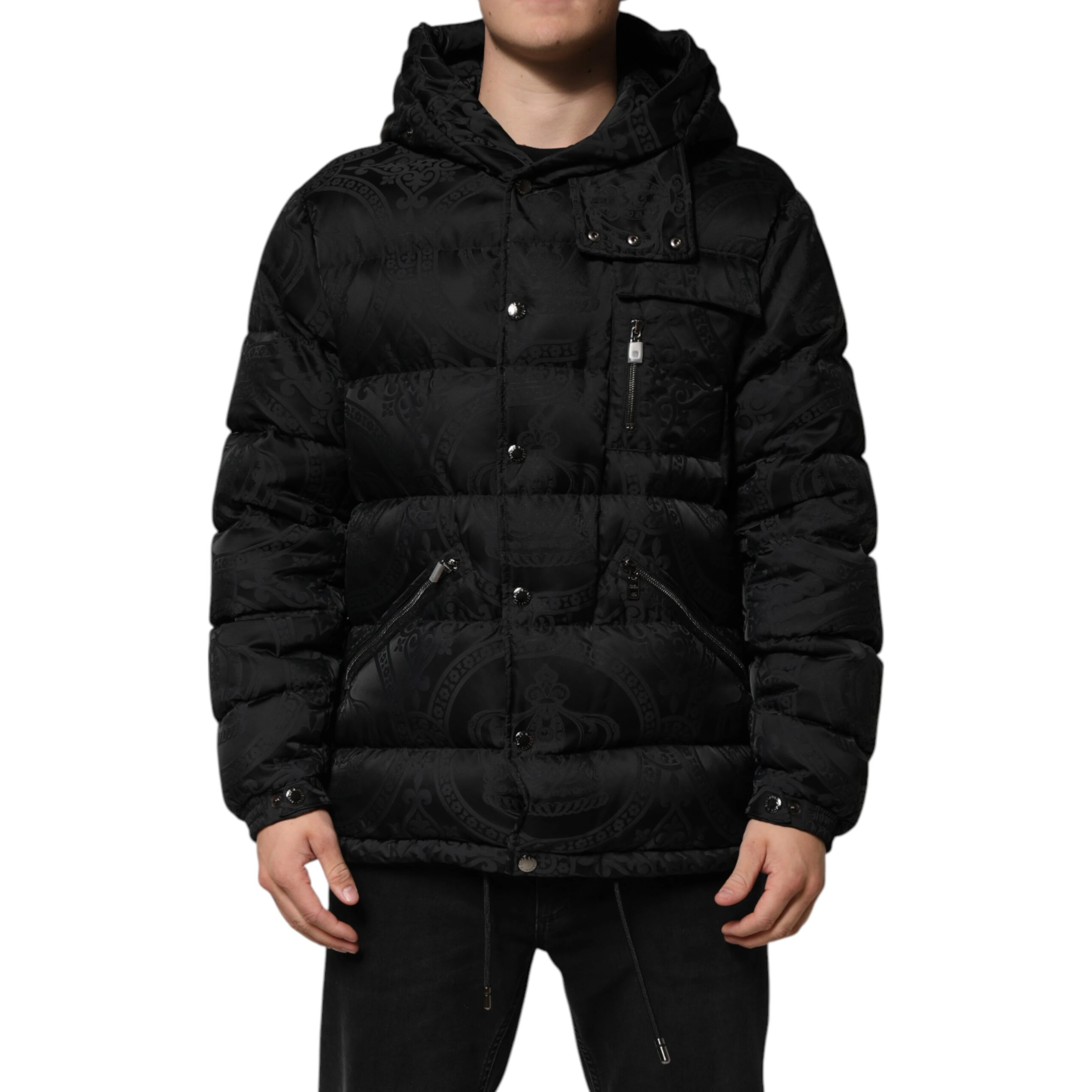 Black Jacquard Quilted Puffer Hooded Jacket