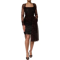 Black Lace Trim Long Sleeve Sheath Mini Dress