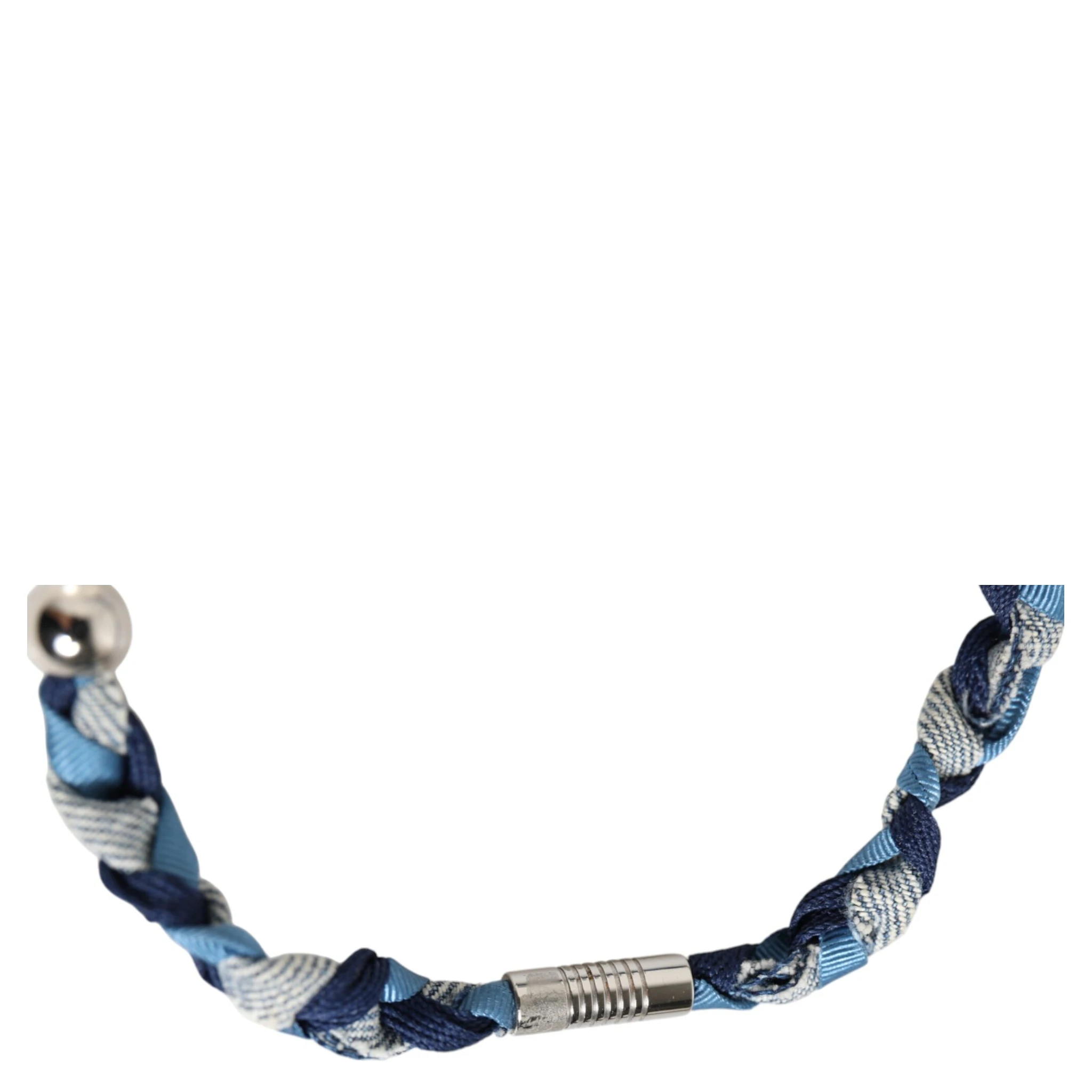 Blue White Braided Silver Metal Logo Beaded Men Bracelet