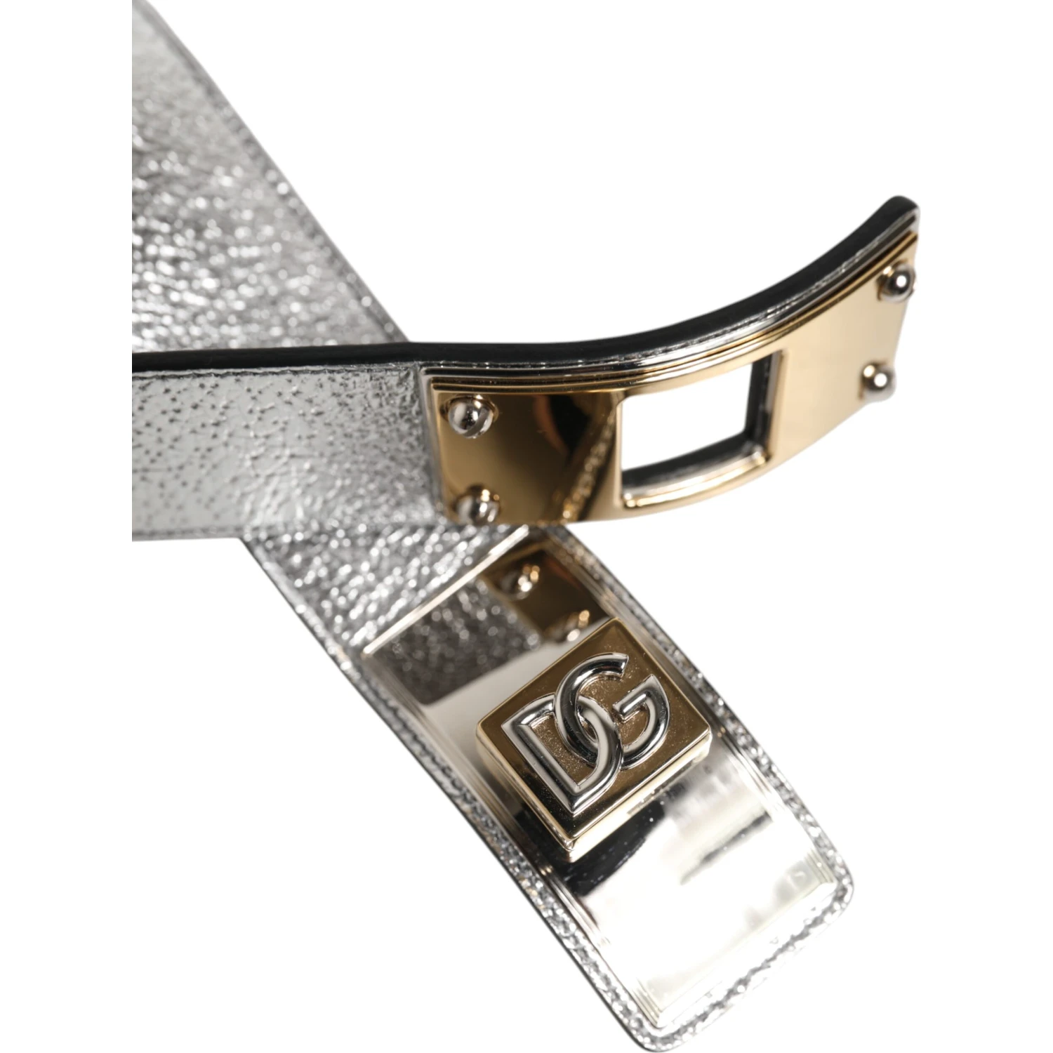 Silver Textured Leather Gold Tone Metal Neckband