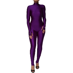 Purple Nylon Turtleneck Bodycon Jumpsuit Dress