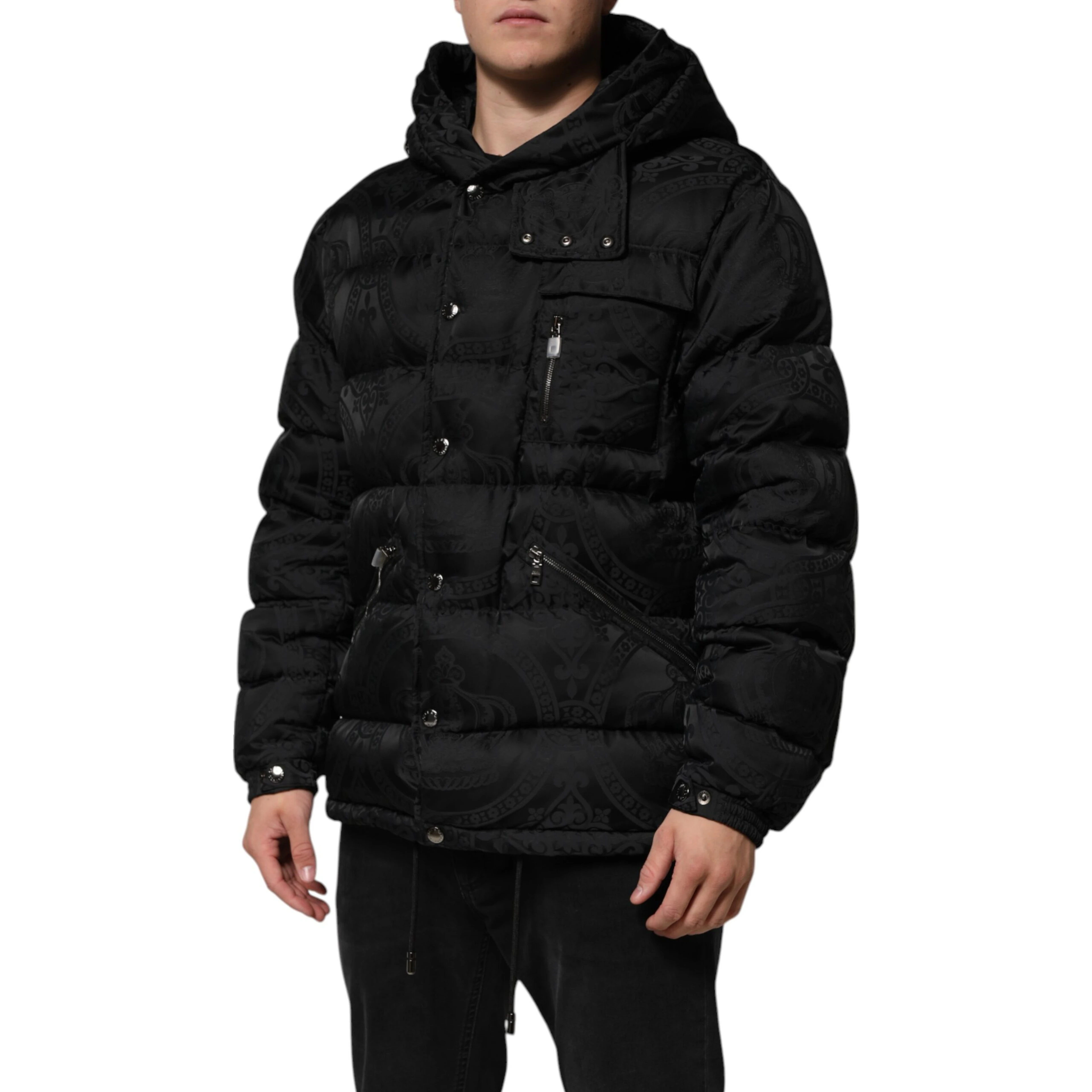 Black Jacquard Quilted Puffer Hooded Jacket