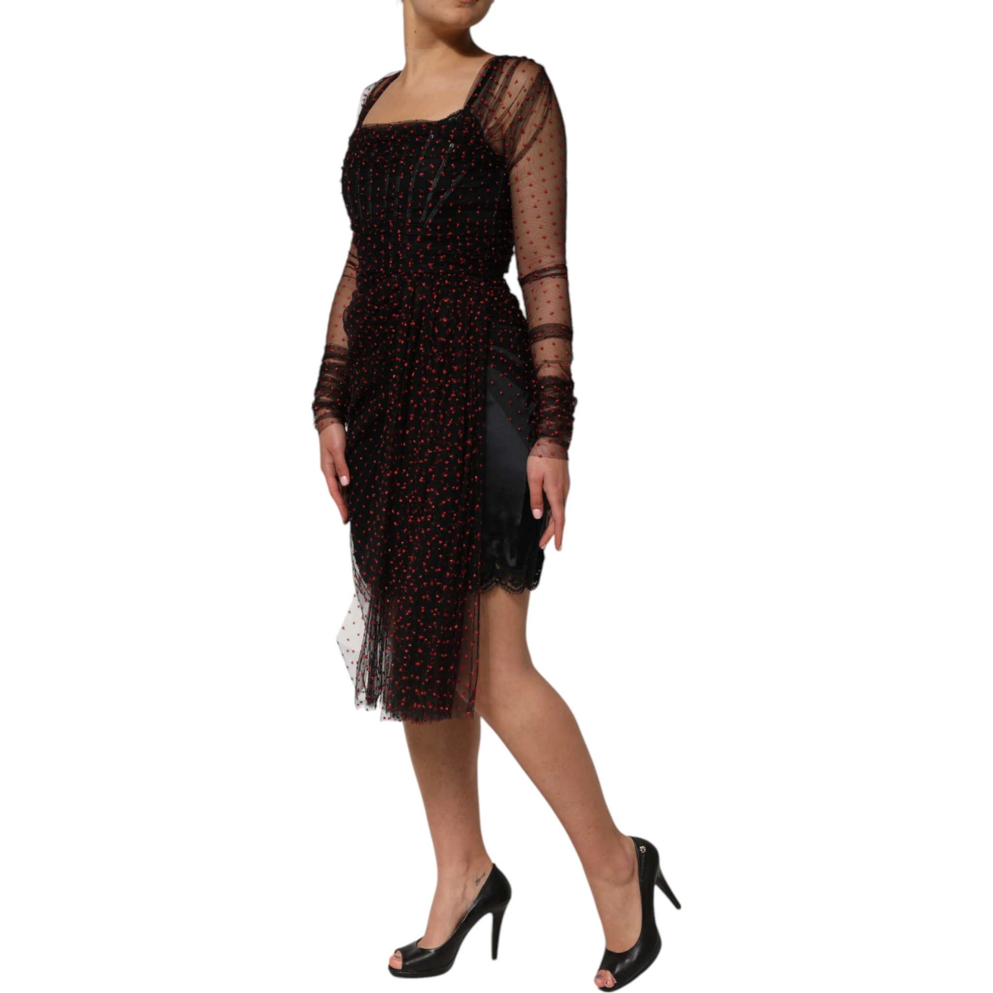 Black Lace Trim Long Sleeve Sheath Mini Dress