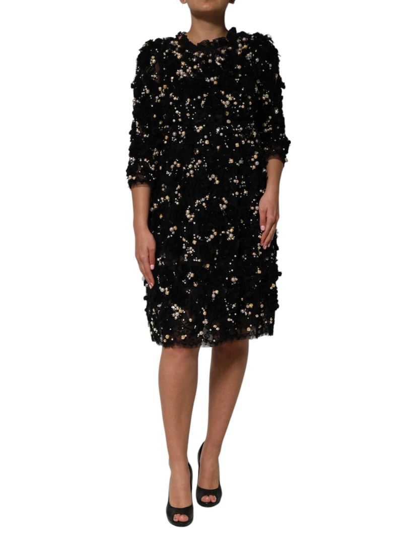 Black Viscose Pearl Embellishment Shift Dress