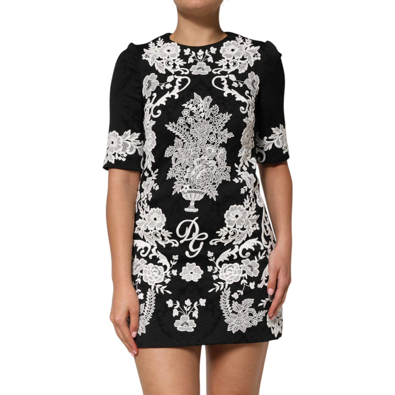 Black Lace Trim Short Sleeves A-line Dress