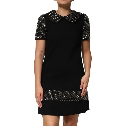 Black Crystal Embellished Collared Mini Dress