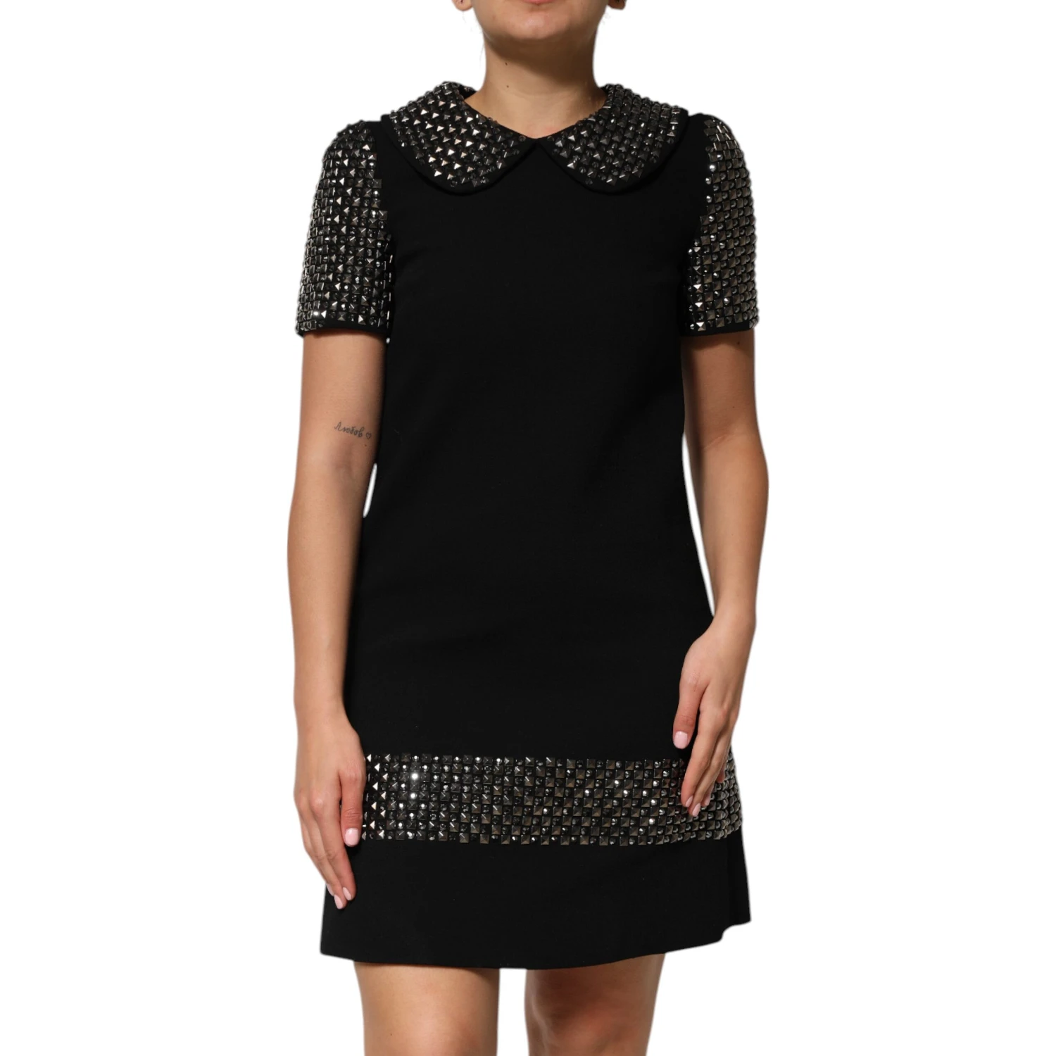 Black Crystal Embellished Collared Mini Dress