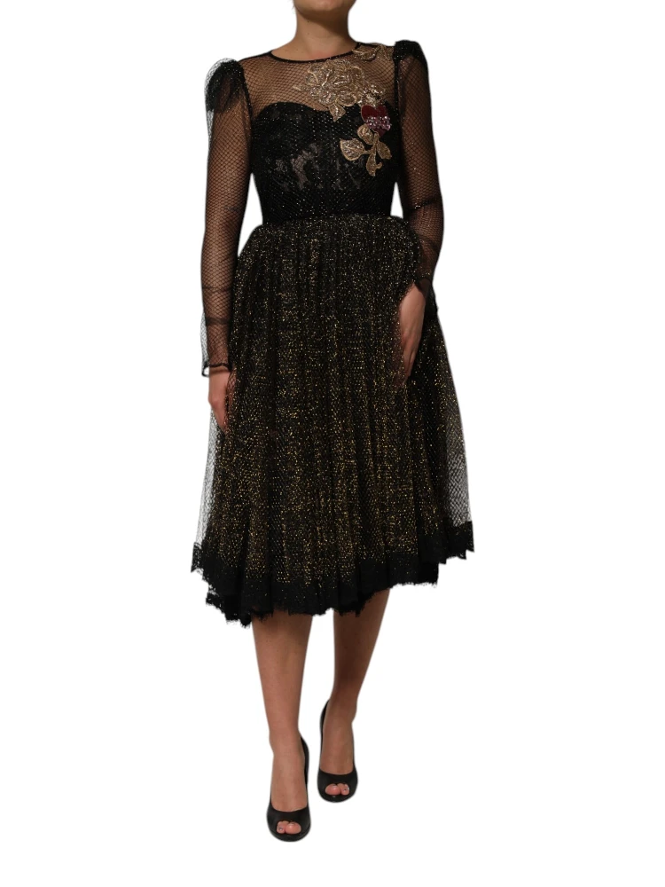Black Crystal Heart Embellished A-line Dress