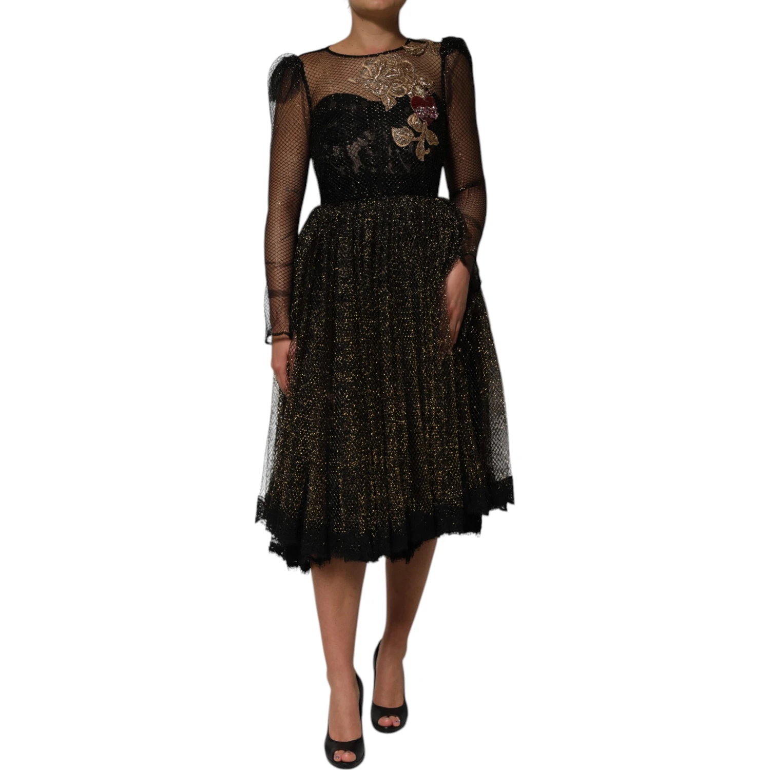 Black Crystal Heart Embellished A-line Dress