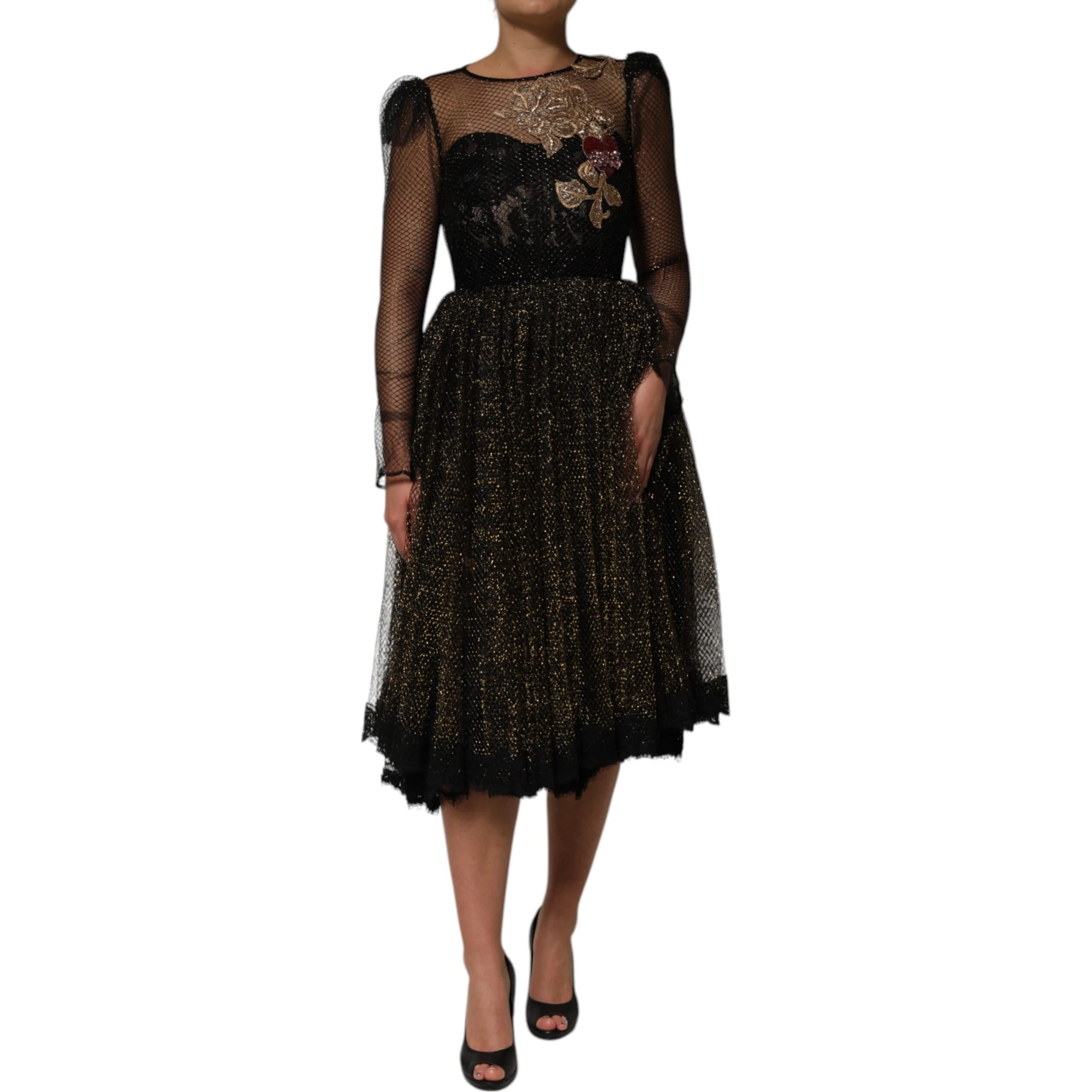 Black Crystal Heart Embellished A-line Dress