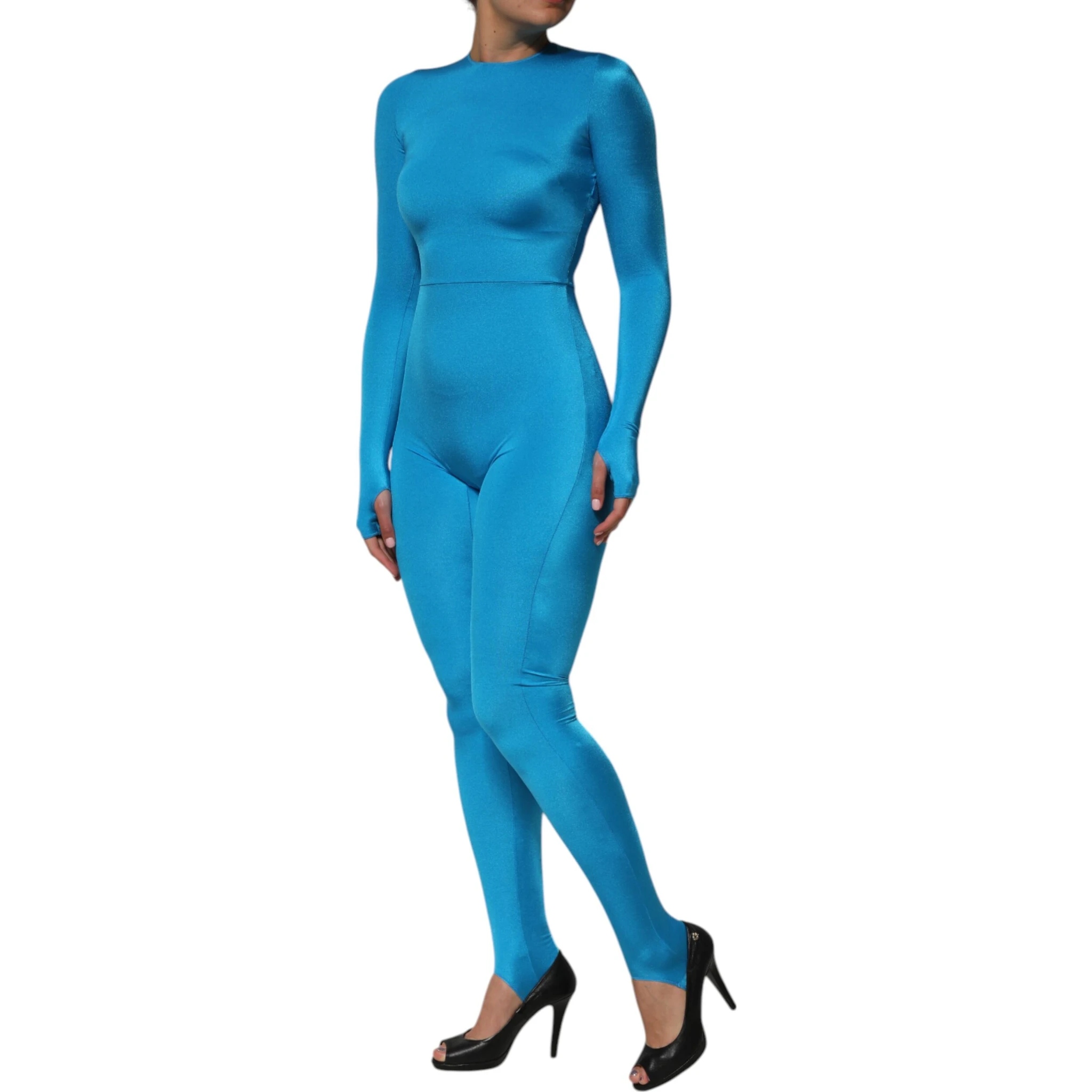 Blue Nylon Crew Neck Bodycon Jumpsuit Dress
