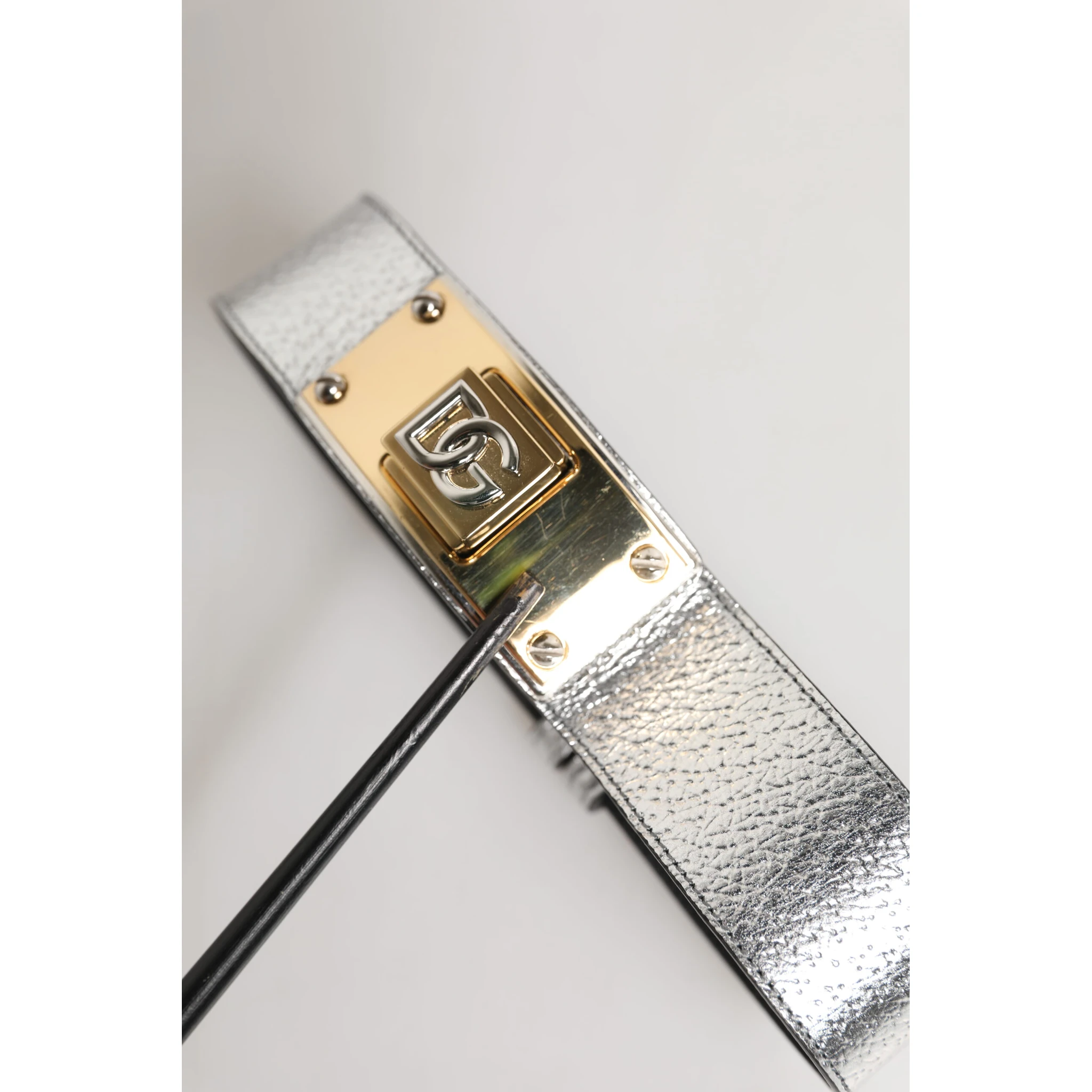 Silver Textured Leather Gold Tone Metal Neckband