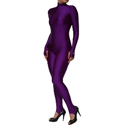 Purple Nylon Turtleneck Bodycon Jumpsuit Dress