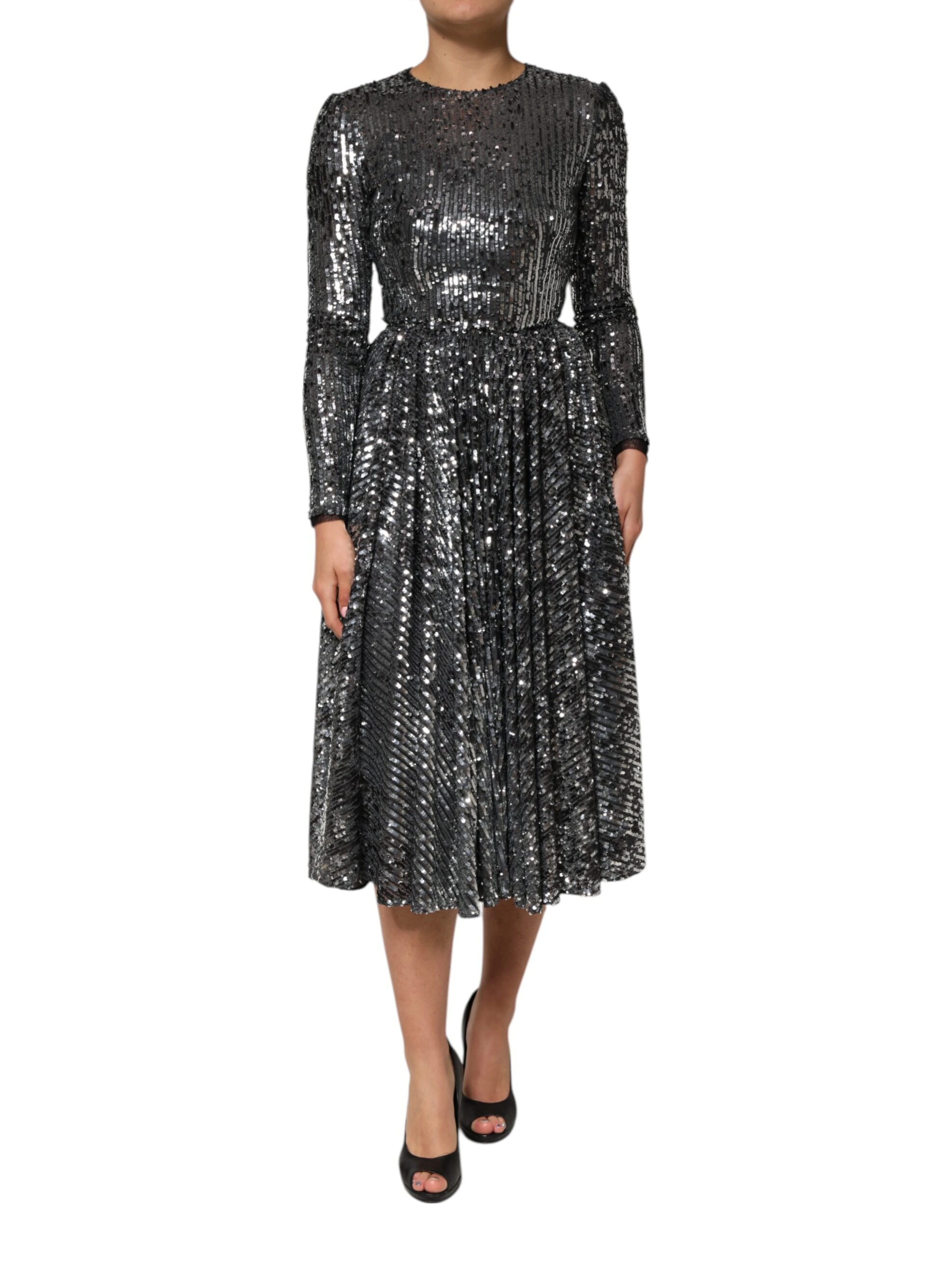 Black Sequined Long Sleeves Midi A-line  Dress
