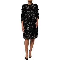 Black Viscose Pearl Embellishment Shift Dress